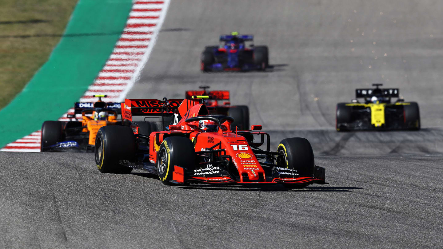 AUSTIN, TEXAS - NOVEMBER 03: Charles Leclerc of Monaco driving the (16) Scuderia Ferrari SF90 leads