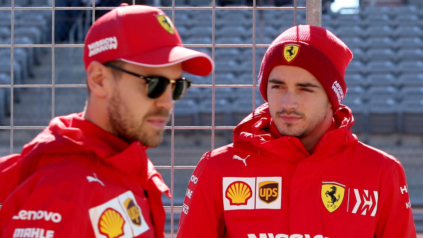 AUSTIN, TEXAS - OCTOBER 31: Charles Leclerc of Monaco and Ferrari and Sebastian Vettel of Germany