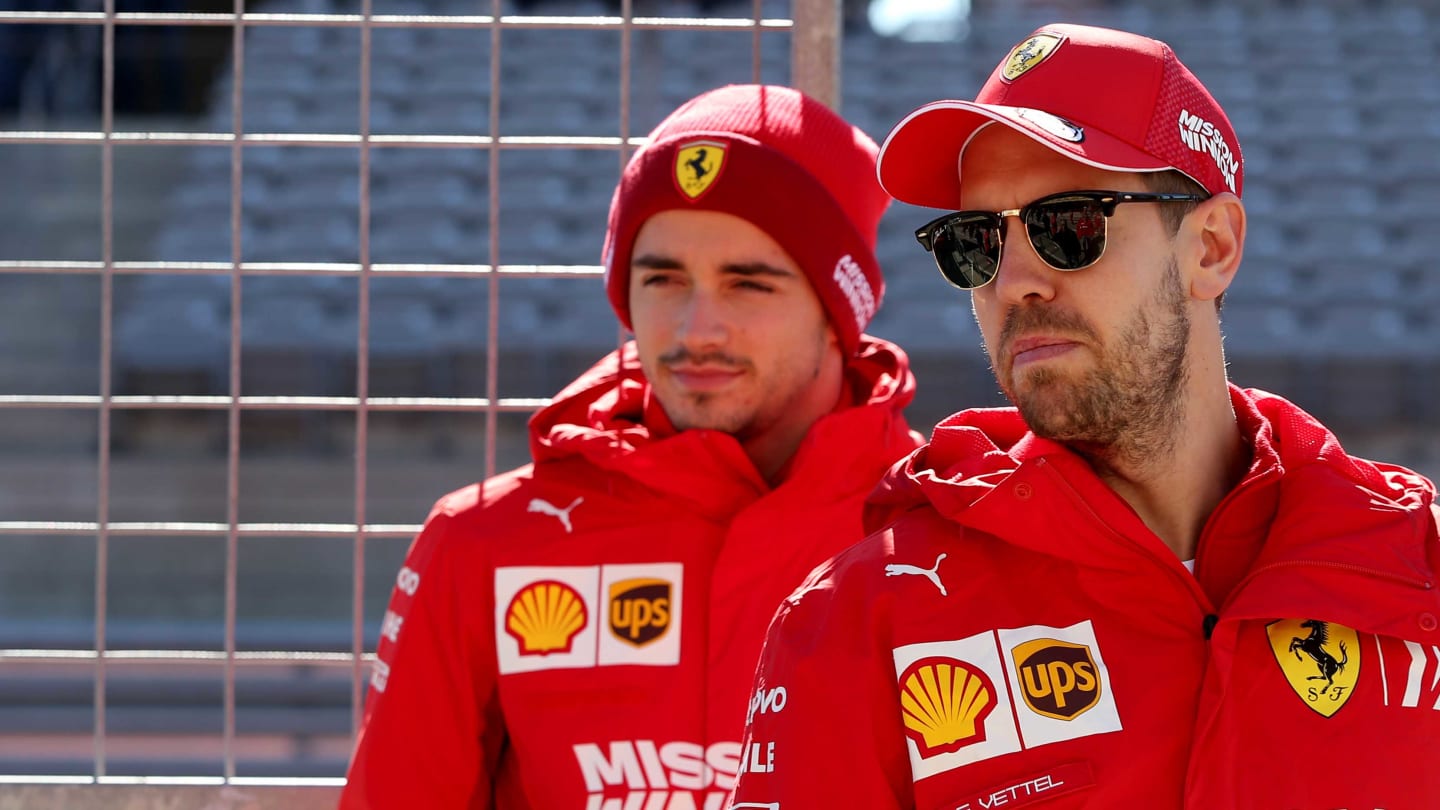 AUSTIN, TEXAS - OCTOBER 31: Charles Leclerc of Monaco and Ferrari and Sebastian Vettel of Germany