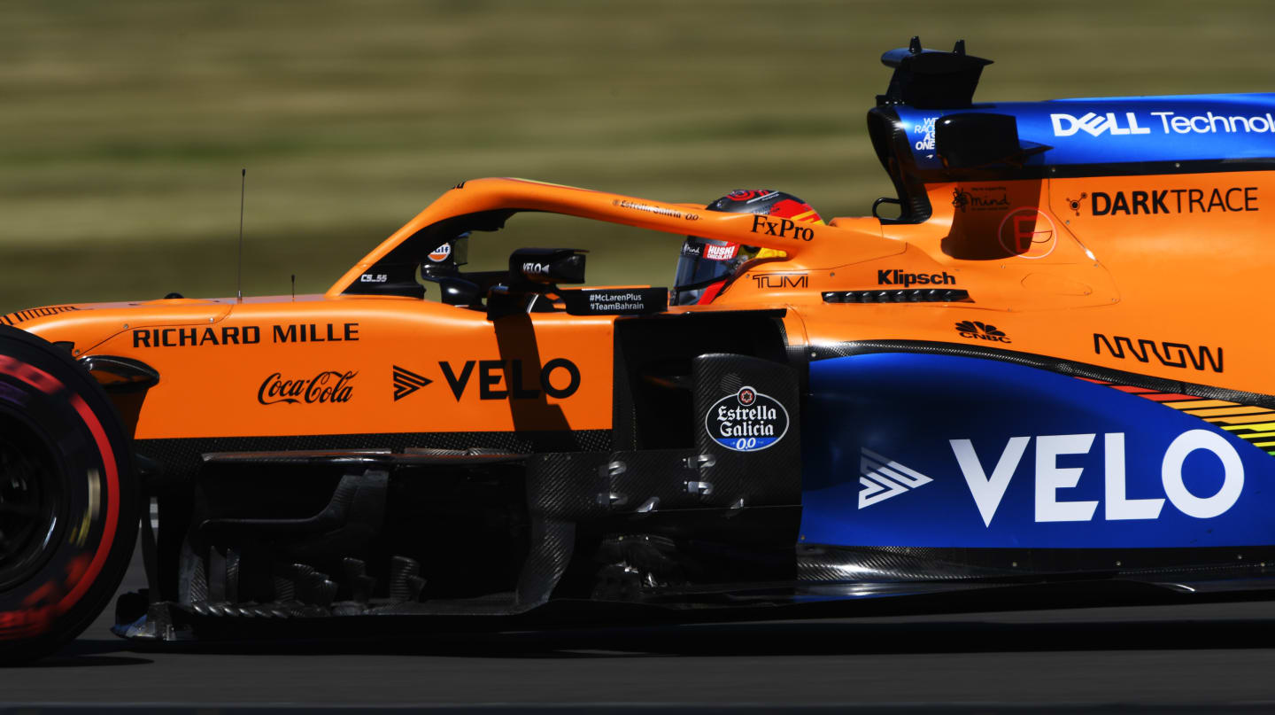 NORTHAMPTON, ENGLAND - AUGUST 07: Carlos Sainz of Spain driving the (55) McLaren F1 Team MCL35 Renault drives on track during practice for the F1 70th Anniversary Grand Prix at Silverstone on August 07, 2020 in Northampton, England. (Photo by Rudy Carezzevoli/Getty Images)