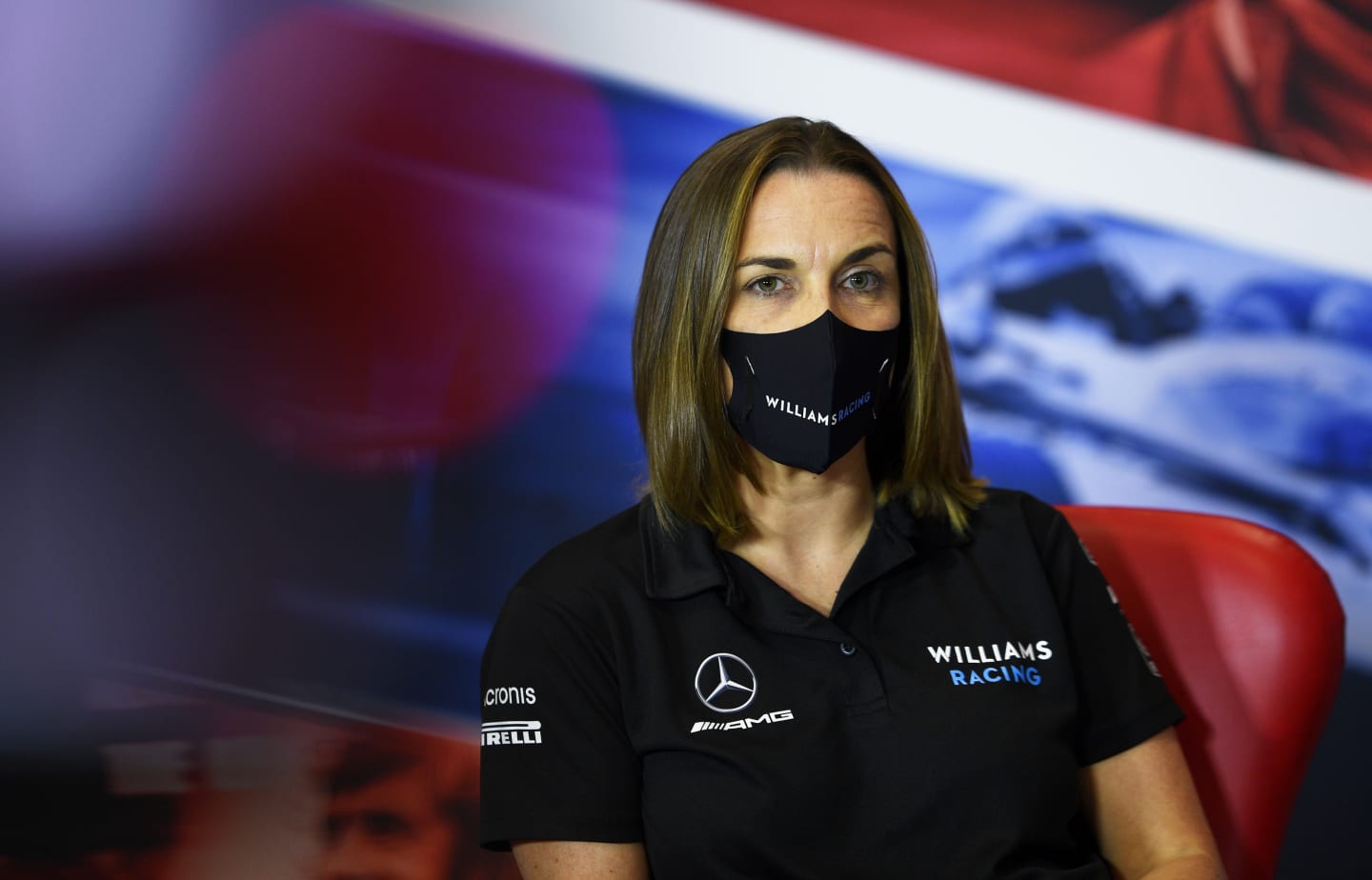 NORTHAMPTON, ENGLAND - AUGUST 07: Williams Deputy Team Principal Claire Williams talks in the Team Principals Press Conference during practice for the F1 70th Anniversary Grand Prix at Silverstone on August 07, 2020 in Northampton, England. (Photo by Rudy Carezzevoli/Getty Images)
