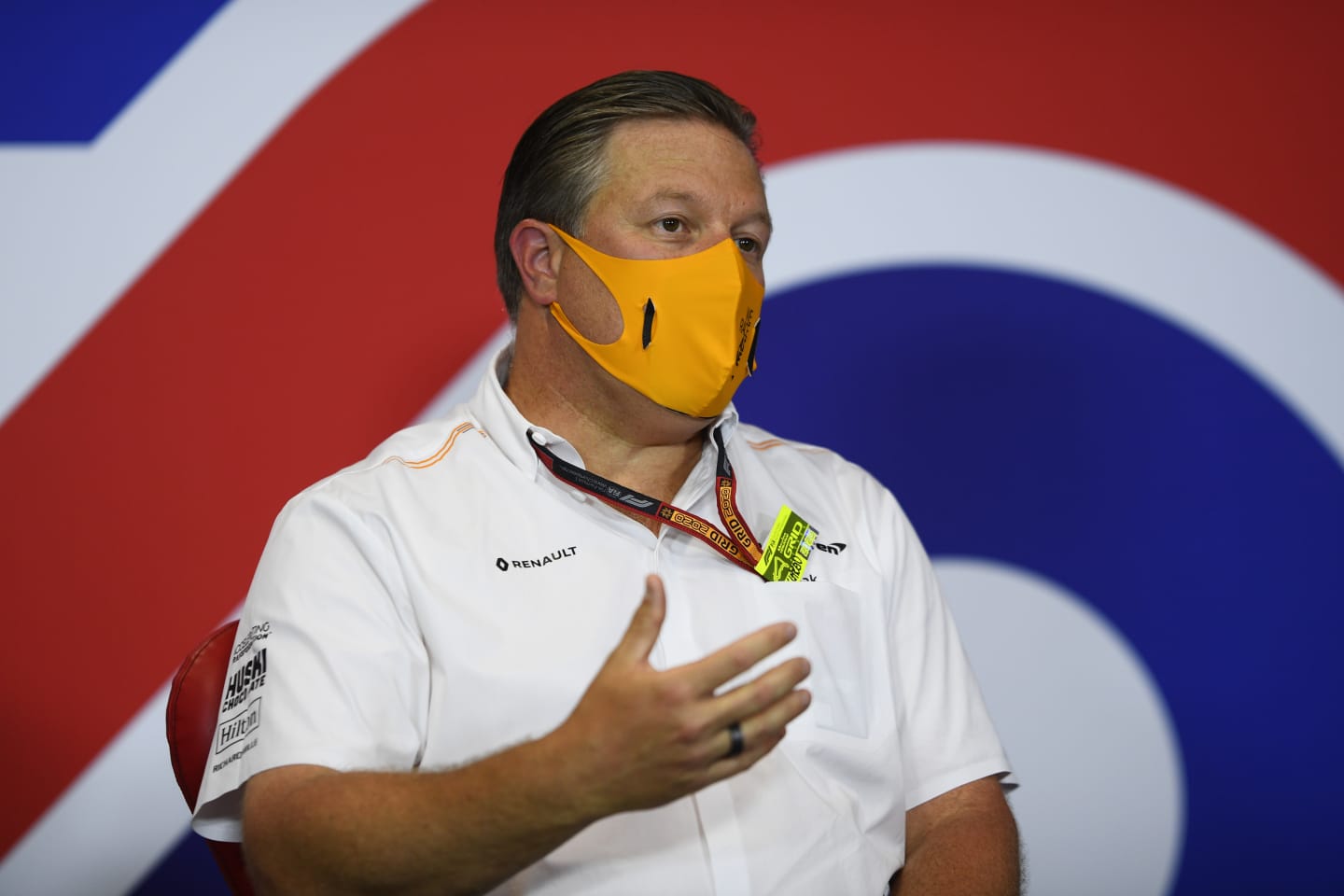 NORTHAMPTON, ENGLAND - AUGUST 07: McLaren Chief Executive Officer Zak Brown talks in the Team Principals Press Conference during practice for the F1 70th Anniversary Grand Prix at Silverstone on August 07, 2020 in Northampton, England. (Photo by Rudy Carezzevoli/Getty Images)