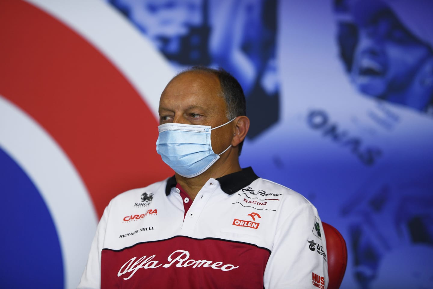 NORTHAMPTON, ENGLAND - AUGUST 07: Alfa Romeo Racing Team Principal Frederic Vasseur talks in the Team Principals Press Conference during practice for the F1 70th Anniversary Grand Prix at Silverstone on August 07, 2020 in Northampton, England. (Photo by Rudy Carezzevoli/Getty Images)