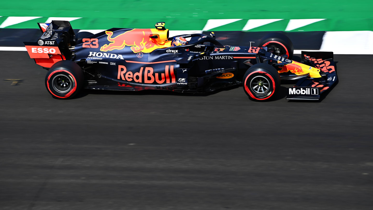 NORTHAMPTON, ENGLAND - AUGUST 08: Alexander Albon of Thailand driving the (23) Aston Martin Red Bull Racing RB16 during final practice for the F1 70th Anniversary Grand Prix at Silverstone on August 08, 2020 in Northampton, England. (Photo by Clive Mason - Formula 1/Formula 1 via Getty Images)