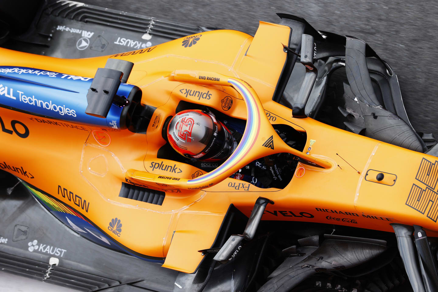 NORTHAMPTON, ENGLAND - AUGUST 08: Carlos Sainz of Spain driving the (55) McLaren F1 Team MCL35