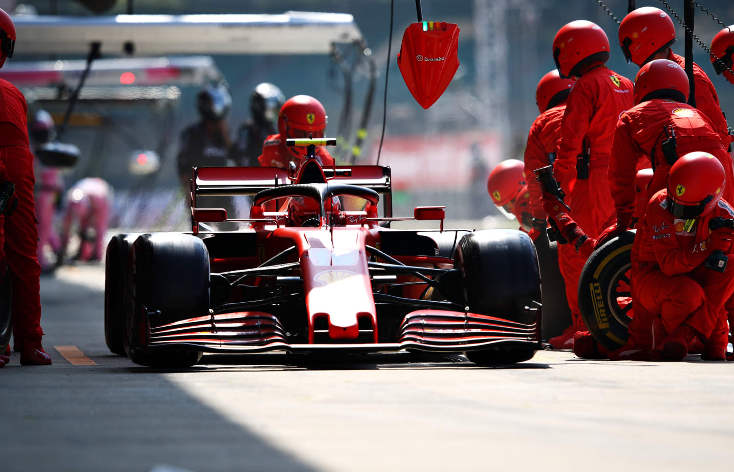 NORTHAMPTON, ENGLAND - AUGUST 09: Charles Leclerc of Monaco driving the (16) Scuderia Ferrari