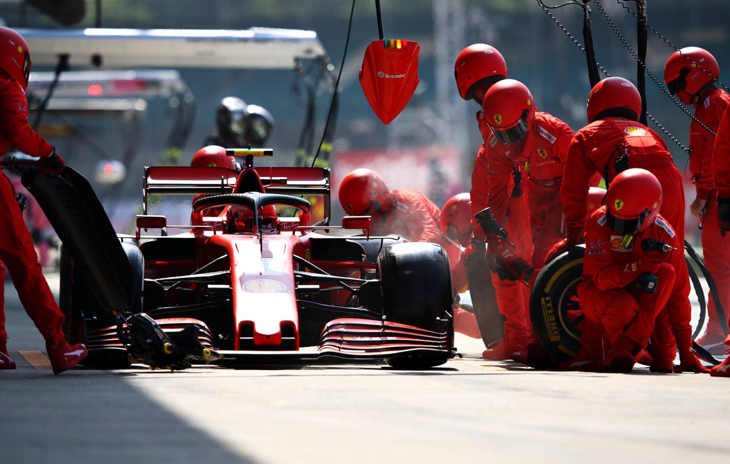 NORTHAMPTON, ENGLAND - AUGUST 09: Charles Leclerc of Monaco driving the (16) Scuderia Ferrari