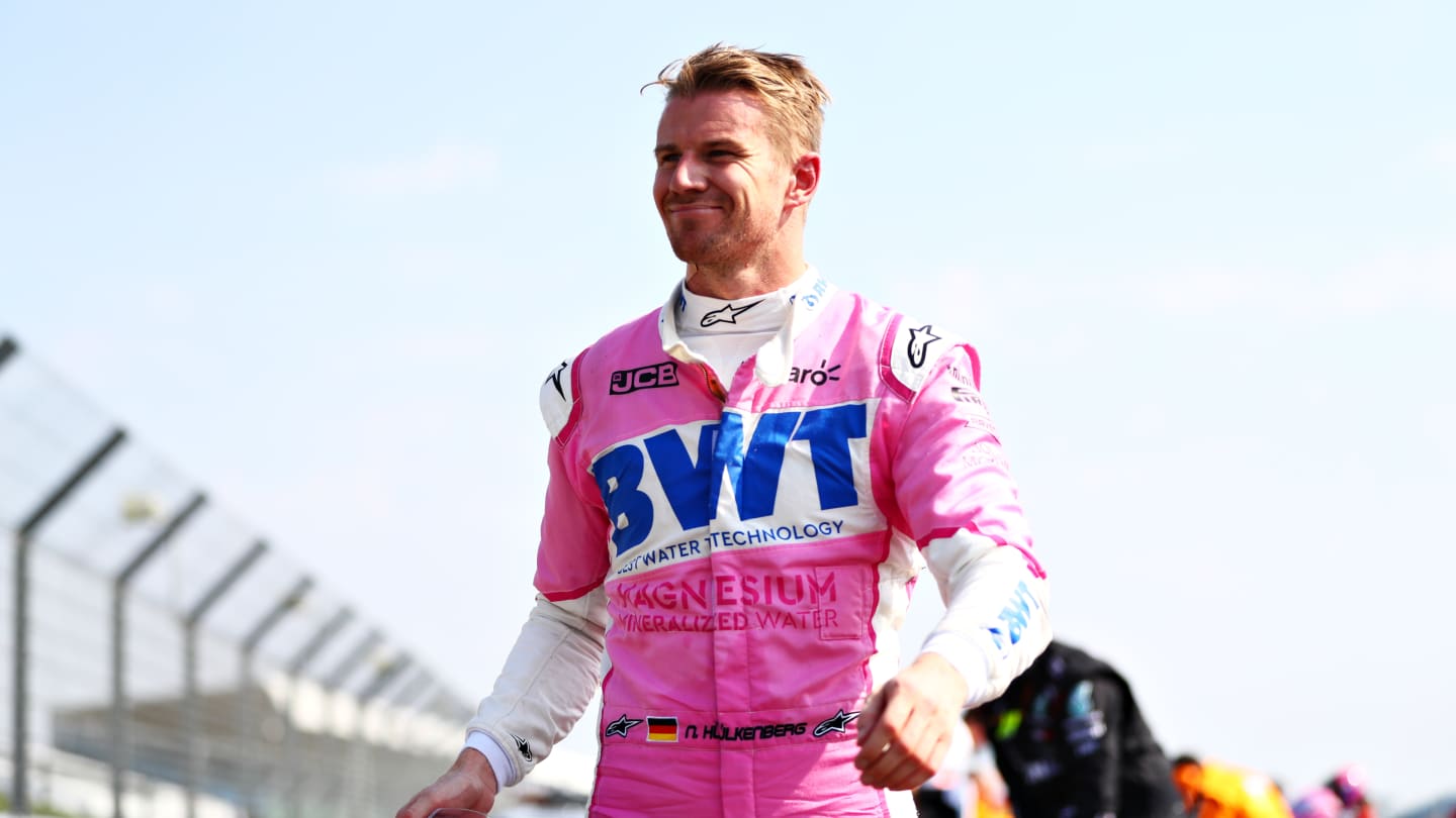 NORTHAMPTON, ENGLAND - AUGUST 09: Nico Hulkenberg of Germany and Racing Point smiles at parc ferme