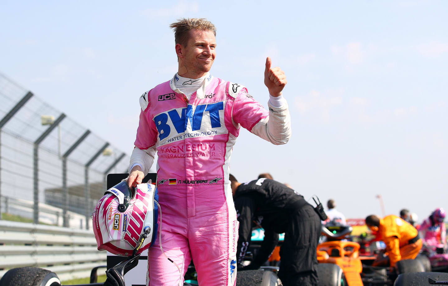 NORTHAMPTON, ENGLAND - AUGUST 09: Nico Hulkenberg of Germany and Racing Point reacts in parc ferme