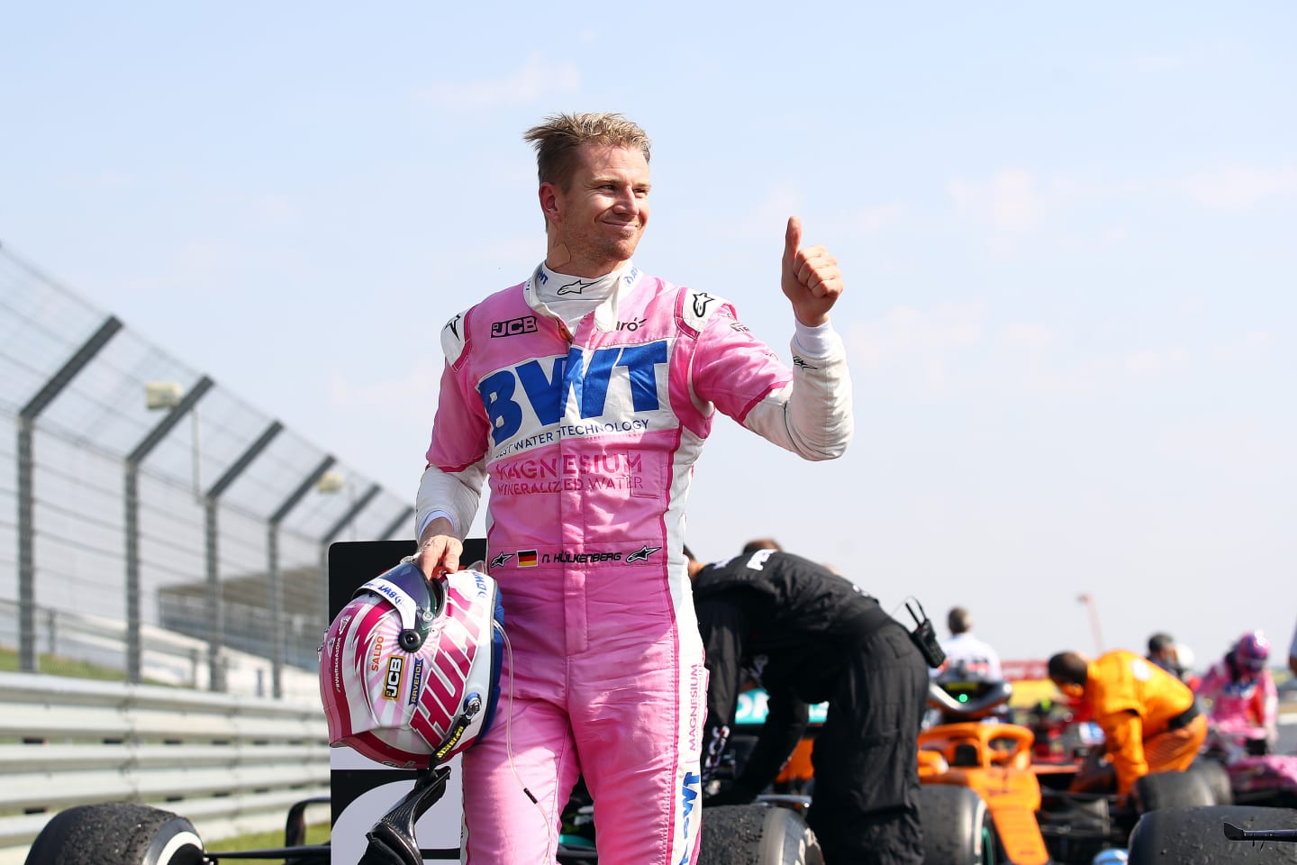 NORTHAMPTON, ENGLAND - AUGUST 09: Nico Hulkenberg of Germany and Racing Point reacts in parc ferme
