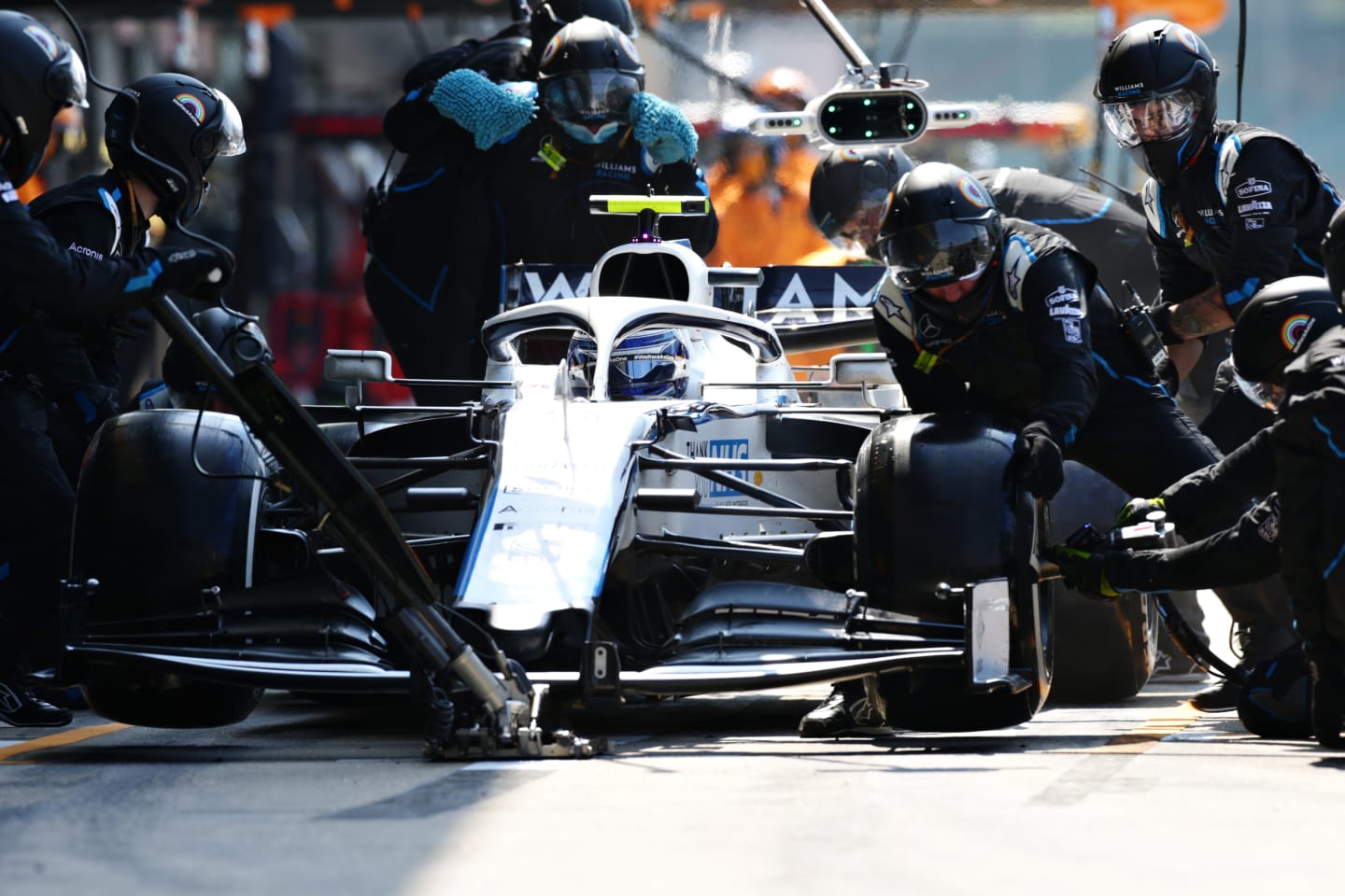 NORTHAMPTON, ENGLAND - AUGUST 09: Nicholas Latifi of Canada driving the (6) Williams Racing FW43 Mercedes makes a pitstop during the F1 70th Anniversary Grand Prix at Silverstone on August 09, 2020 in Northampton, England. (Photo by Peter Fox/Getty Images)