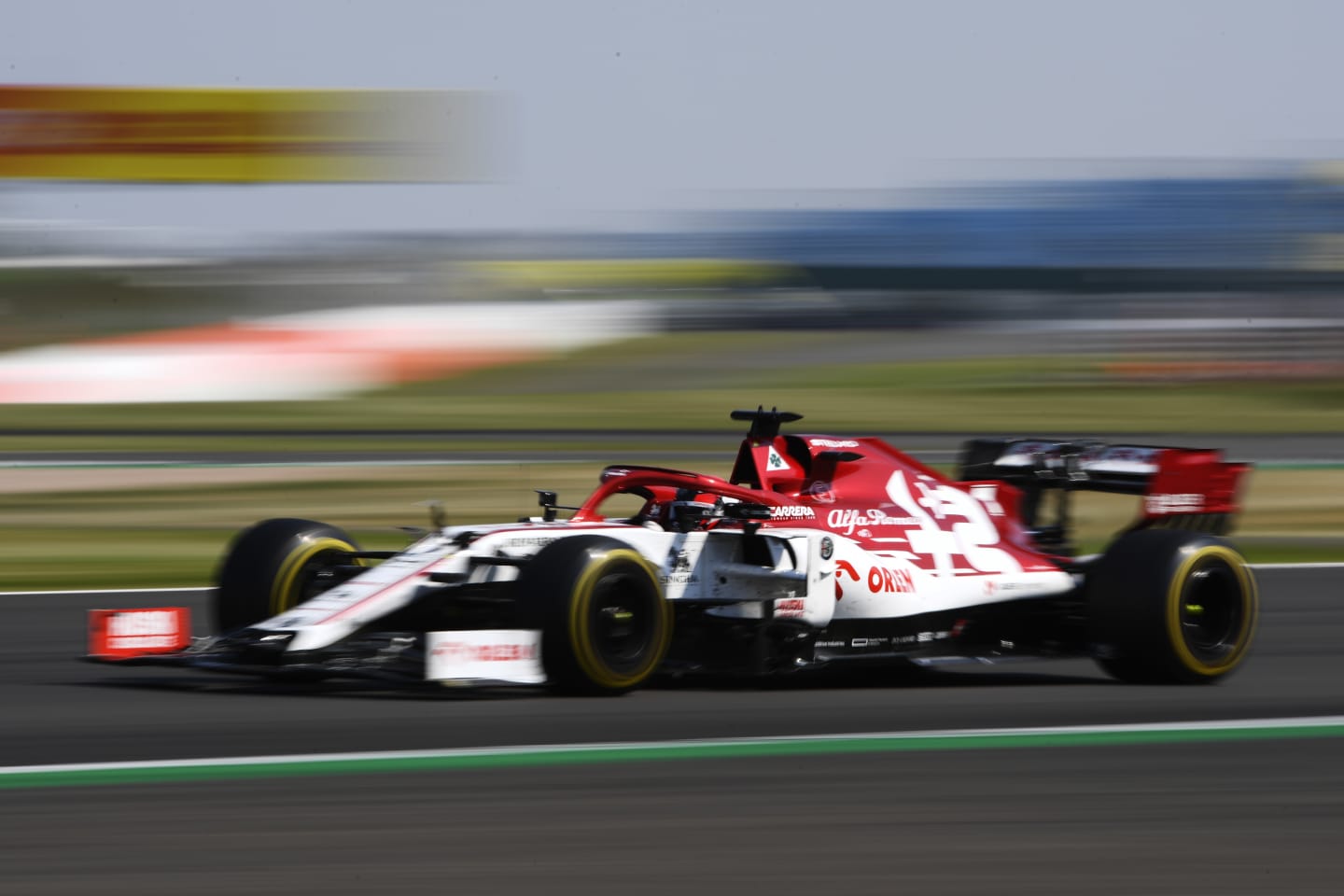 NORTHAMPTON, ENGLAND - AUGUST 09: Kimi Raikkonen of Finland driving the (7) Alfa Romeo Racing C39