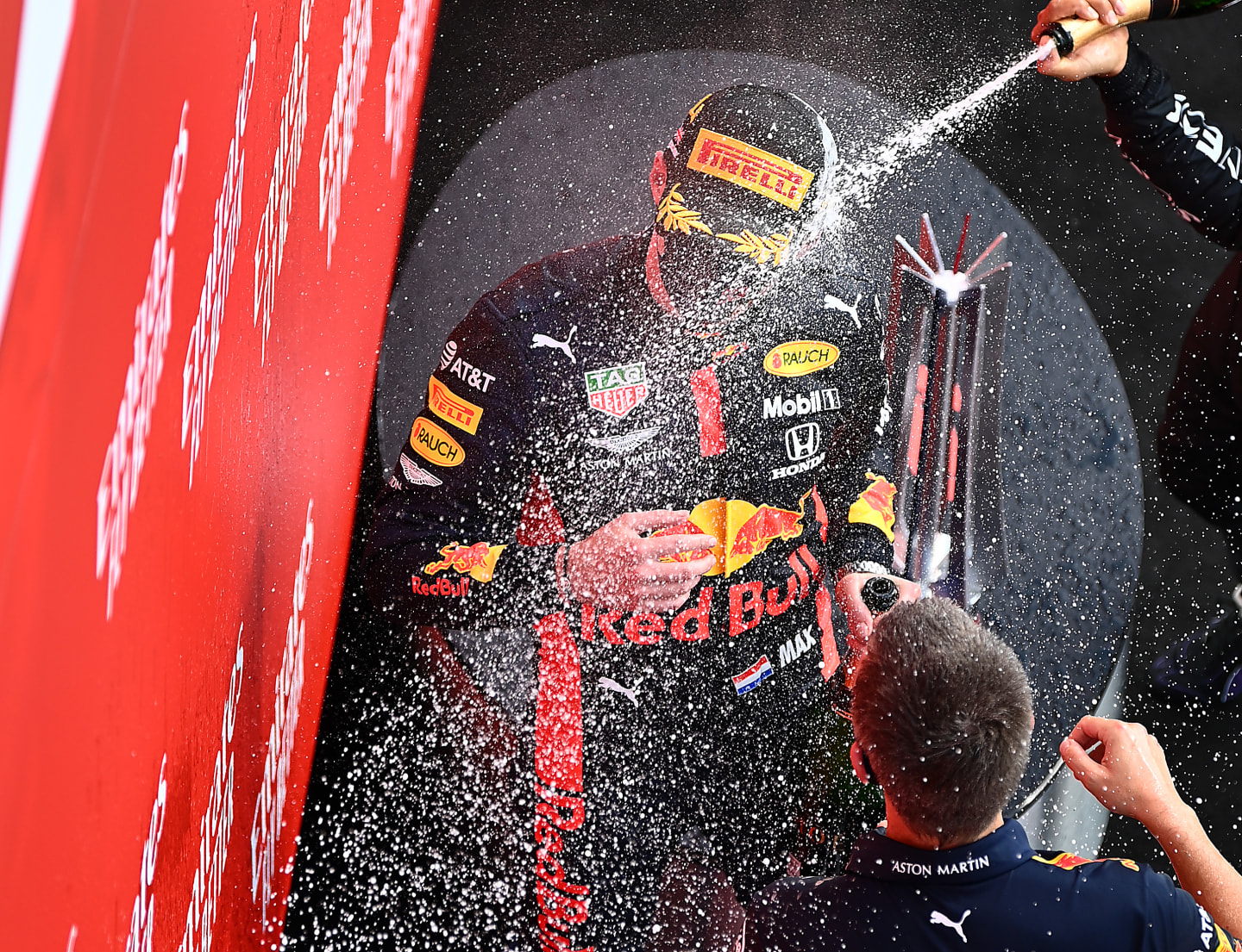 NORTHAMPTON, ENGLAND - AUGUST 09: Race winner Max Verstappen of Netherlands and Red Bull Racing and