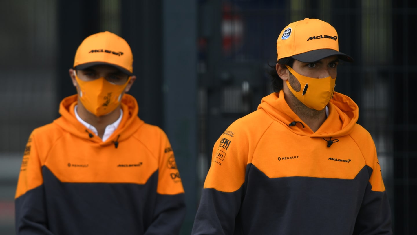 NORTHAMPTON, ENGLAND - AUGUST 06: Carlos Sainz of Spain and McLaren F1 and Lando Norris of Great