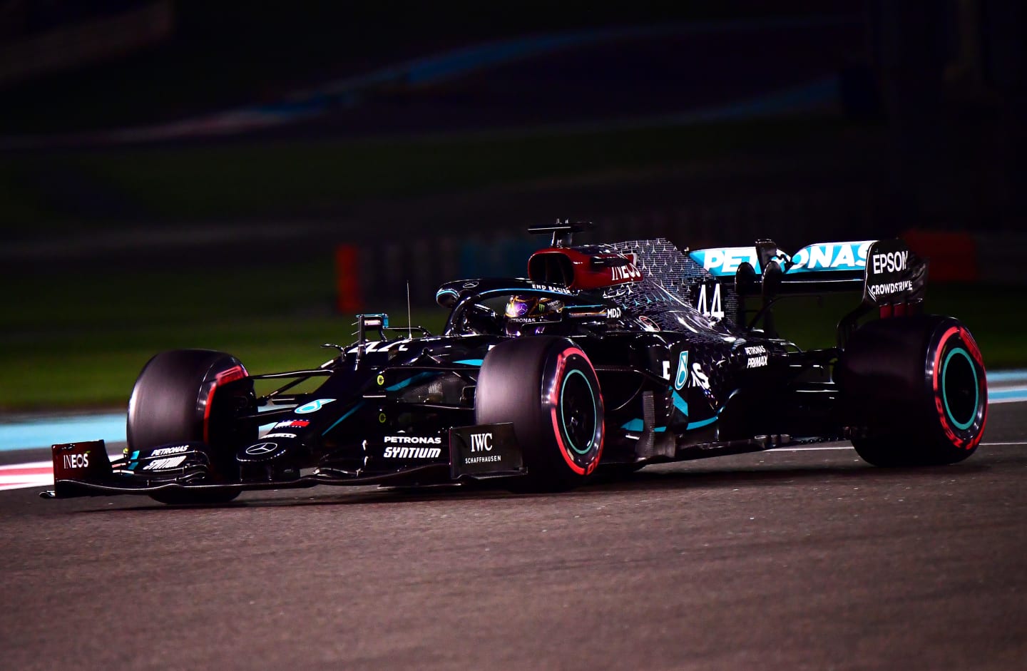 ABU DHABI, UNITED ARAB EMIRATES - DECEMBER 12: Lewis Hamilton of Great Britain driving the (44) Mercedes AMG Petronas F1 Team Mercedes W11 on track during qualifying ahead of the F1 Grand Prix of Abu Dhabi at Yas Marina Circuit on December 12, 2020 in Abu Dhabi, United Arab Emirates. (Photo by Giuseppe Cacace - Pool/Getty Images)