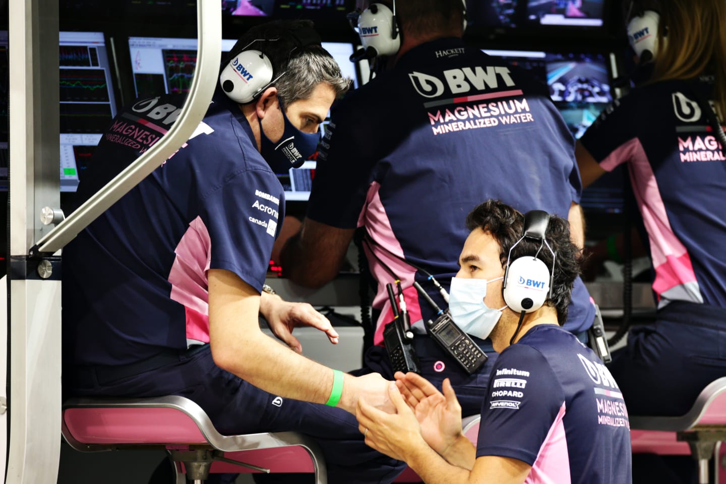 ABU DHABI, UNITED ARAB EMIRATES - DECEMBER 13: Sergio Perez of Mexico and Racing Point talks with