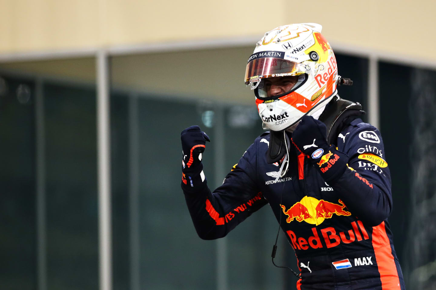 ABU DHABI, UNITED ARAB EMIRATES - DECEMBER 13: Race winner Max Verstappen of Netherlands and Red Bull Racing celebrates in parc ferme during the F1 Grand Prix of Abu Dhabi at Yas Marina Circuit on December 13, 2020 in Abu Dhabi, United Arab Emirates. (Photo by Mark Thompson/Getty Images)