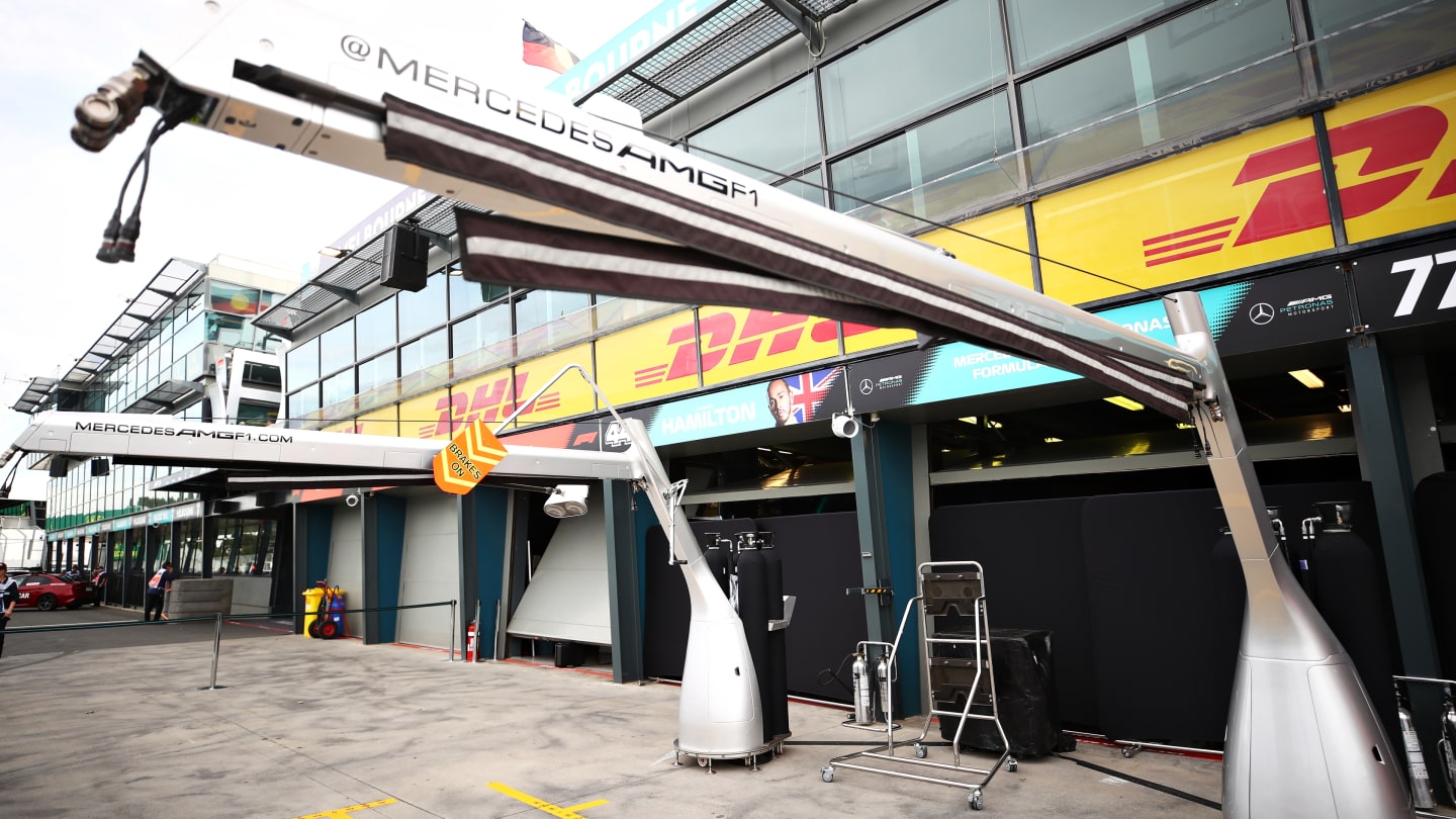MELBOURNE, AUSTRALIA - MARCH 13: A general view outside the garage of Lewis Hamilton of Great