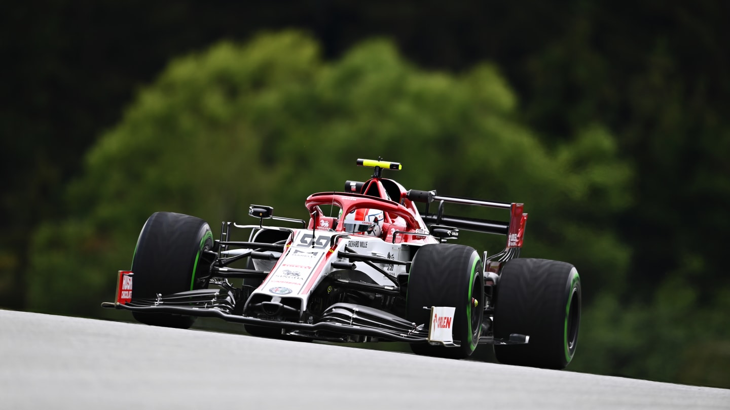 SPIELBERG, AUSTRIA - JULY 03: Antonio Giovinazzi of Italy driving the (99) Alfa Romeo Racing C39 Ferrari on track during practice for the F1 Grand Prix of Austria at Red Bull Ring on July 03, 2020 in Spielberg, Austria. (Photo by Clive Mason - Formula 1/Formula 1 via Getty Images)