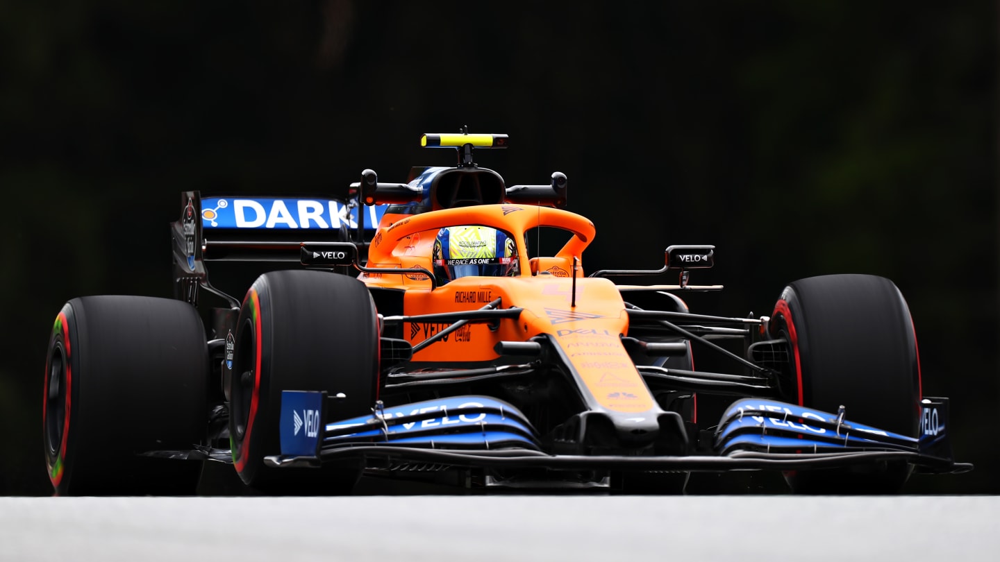 SPIELBERG, AUSTRIA - JULY 03: Lando Norris of Great Britain driving the (4) McLaren F1 Team MCL35 Renault on track during practice for the F1 Grand Prix of Austria at Red Bull Ring on July 03, 2020 in Spielberg, Austria.  (Photo by Dan Istitene - Formula 1/Formula 1 via Getty Images)