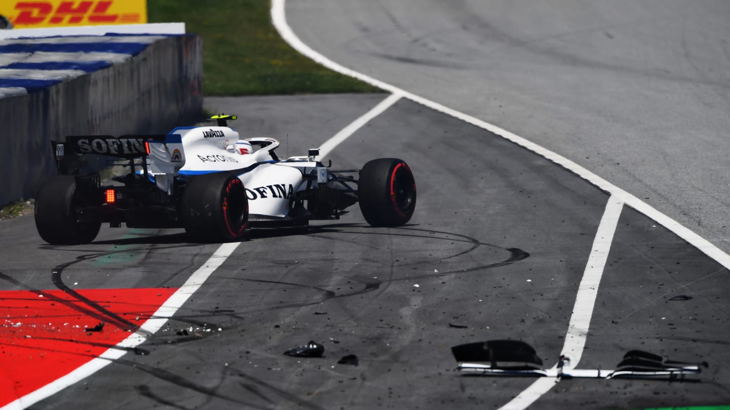 SPIELBERG, AUSTRIA - JULY 04: Nicholas Latifi of Canada driving the (6) Williams Racing FW43 Mercedes stops on track after crashing during final practice for the Formula One Grand Prix of Austria at Red Bull Ring on July 04, 2020 in Spielberg, Austria. (Photo by Mario Renzi - Formula 1/Formula 1 via Getty Images)