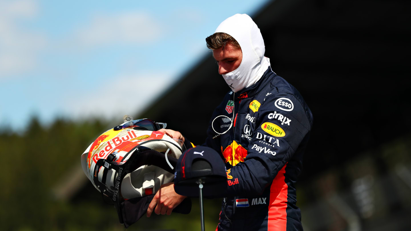 SPIELBERG, AUSTRIA - JULY 04: Third place qualifier Max Verstappen of Netherlands and Red Bull Racing removes his helmet in parc ferme during qualifying for the Formula One Grand Prix of Austria at Red Bull Ring on July 04, 2020 in Spielberg, Austria. (Photo by Dan Istitene - Formula 1/Formula 1 via Getty Images)