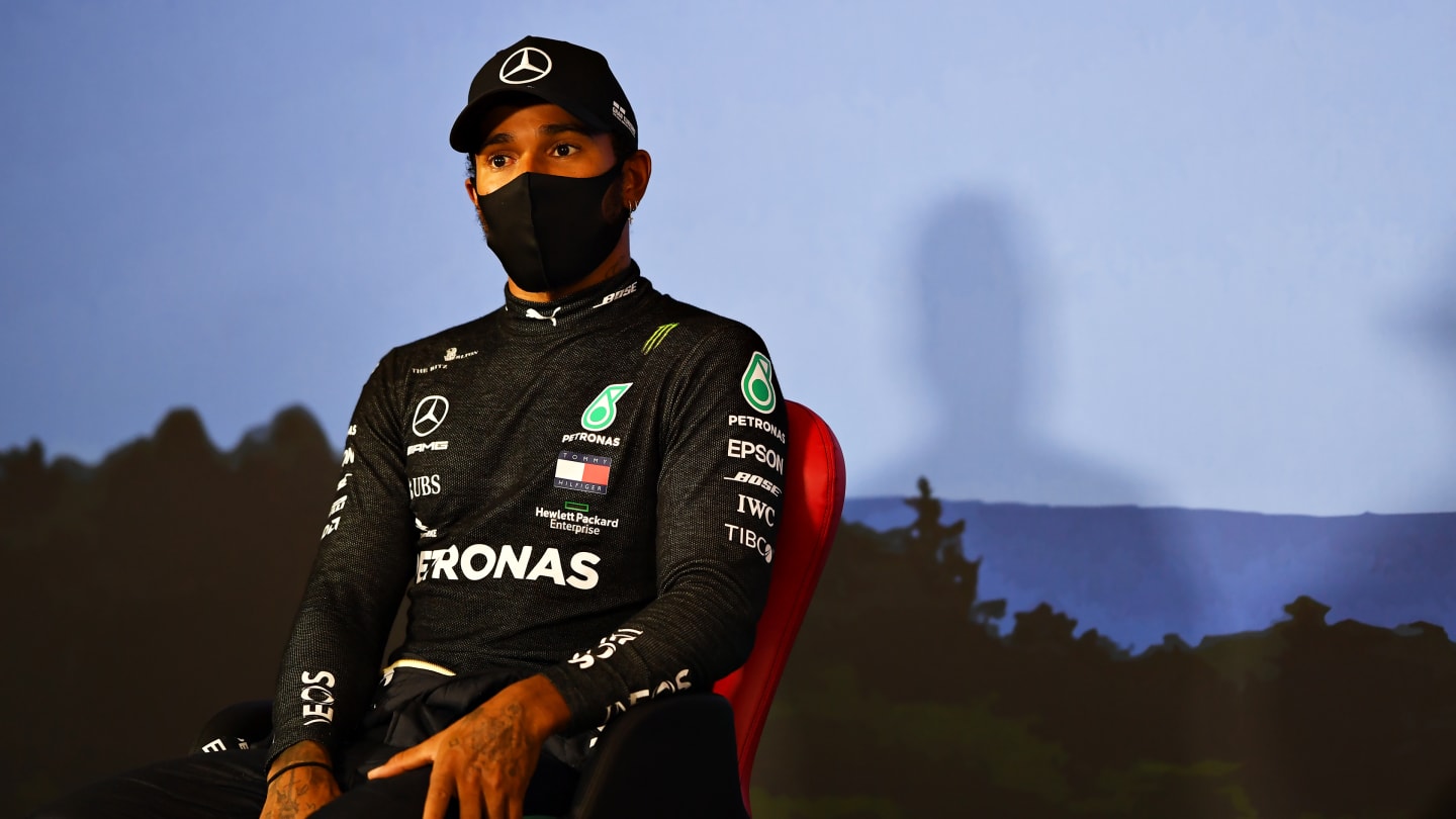 SPIELBERG, AUSTRIA - JULY 04: Second placed qualifier Lewis Hamilton of Great Britain and Mercedes GP talks in a press conference after qualifying for the Formula One Grand Prix of Austria at Red Bull Ring on July 04, 2020 in Spielberg, Austria. (Photo by Mario Renzi - Formula 1/Formula 1 via Getty Images)