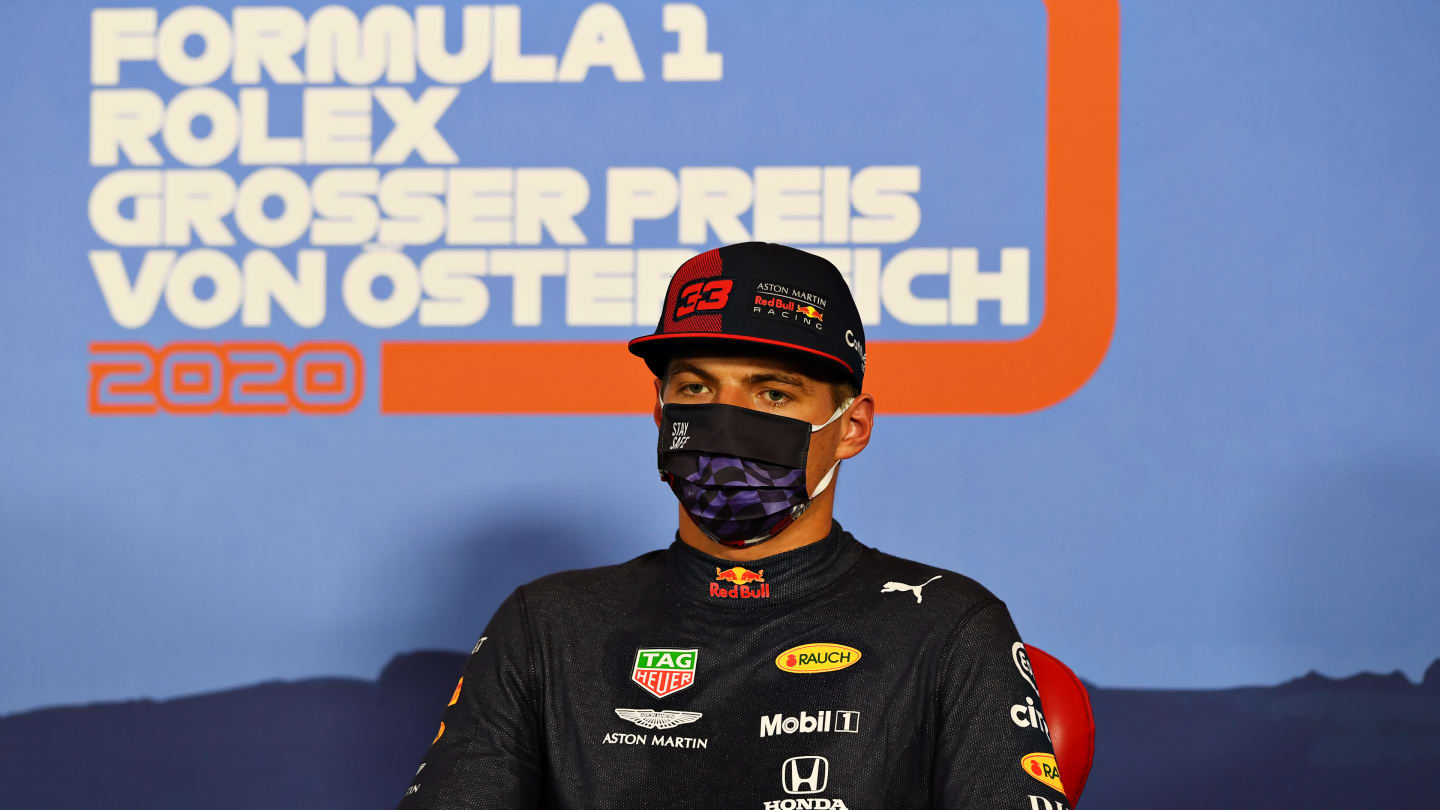 SPIELBERG, AUSTRIA - JULY 04: Third placed qualifier Max Verstappen of Netherlands and Red Bull Racing talks in a press conference after qualifying for the Formula One Grand Prix of Austria at Red Bull Ring on July 04, 2020 in Spielberg, Austria. (Photo by Mario Renzi - Formula 1/Formula 1 via Getty Images)