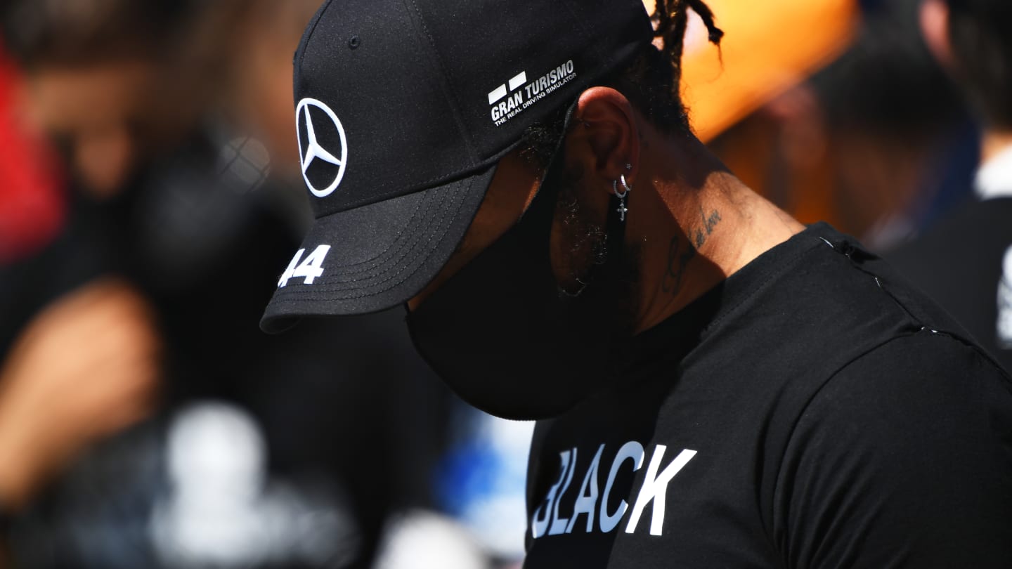 SPIELBERG, AUSTRIA - JULY 05: Lewis Hamilton of Great Britain and Mercedes GP wearsa Black Live Matter shirt on the grid before the Formula One Grand Prix of Austria at Red Bull Ring on July 05, 2020 in Spielberg, Austria. (Photo by Mario Renzi - Formula 1/Formula 1 via Getty Images)