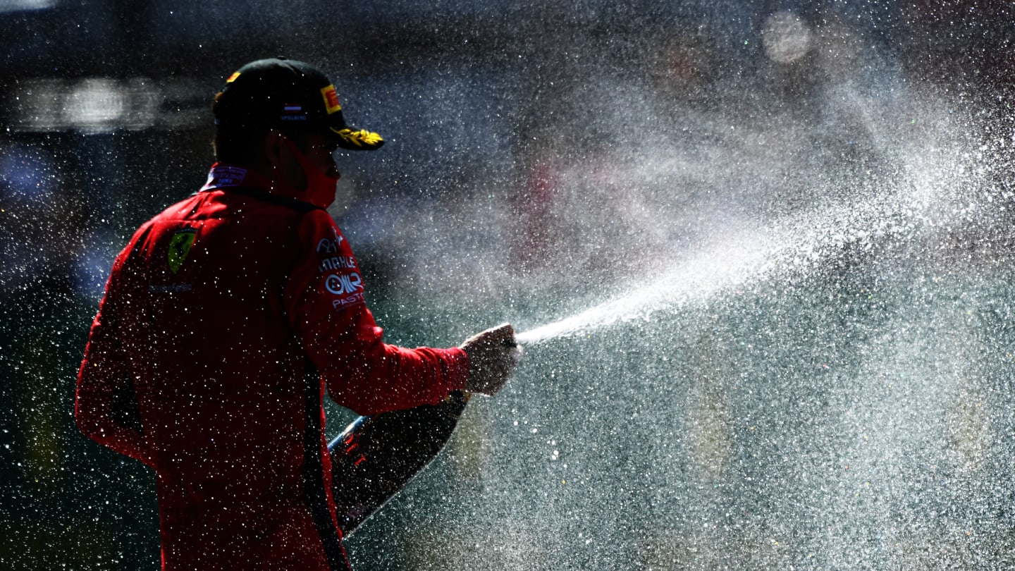 SPIELBERG, AUSTRIA - JULY 05: Second place Charles Leclerc of Monaco and Ferrari celebrates on the podium during the Formula One Grand Prix of Austria at Red Bull Ring on July 05, 2020 in Spielberg, Austria. (Photo by Mario Renzi - Formula 1/Formula 1 via Getty Images)