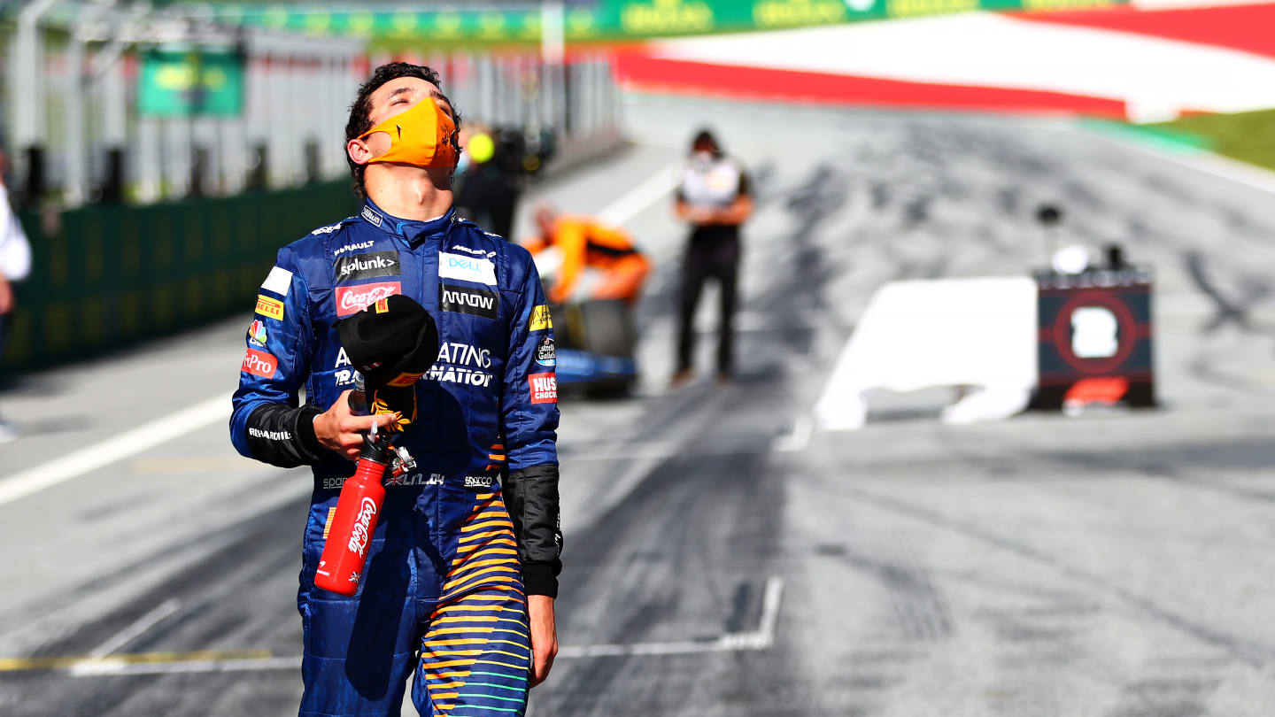 SPIELBERG, AUSTRIA - JULY 05: Third placed Lando Norris of Great Britain and McLaren F1 reacts during the Formula One Grand Prix of Austria at Red Bull Ring on July 05, 2020 in Spielberg, Austria. (Photo by Dan Istitene - Formula 1/Formula 1 via Getty Images)