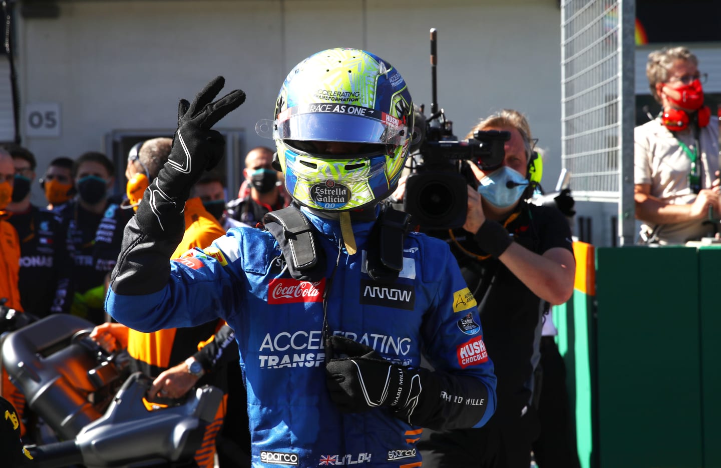 SPIELBERG, AUSTRIA - JULY 05: Third placed Lando Norris of Great Britain and McLaren F1 celebrates in parc ferme during the Formula One Grand Prix of Austria at Red Bull Ring on July 05, 2020 in Spielberg, Austria. (Photo by Mark Thompson/Getty Images)