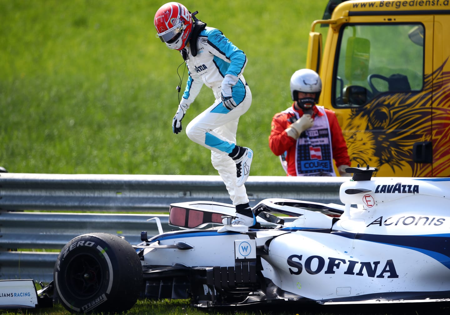 SPIELBERG, AUSTRIA - JULY 05: George Russell of Great Britain driving the (63) Williams Racing FW43 Mercedes retires from the race during the Formula One Grand Prix of Austria at Red Bull Ring on July 05, 2020 in Spielberg, Austria. (Photo by Bryn Lennon/Getty Images)