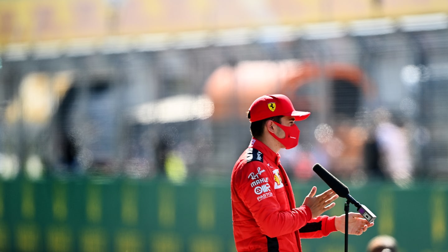 SPIELBERG, AUSTRIA - JULY 05: Charles Leclerc of Monaco and Ferrari talks to the media during the Formula One Grand Prix of Austria at Red Bull Ring on July 05, 2020 in Spielberg, Austria. (Photo by Clive Mason - Formula 1/Formula 1 via Getty Images)