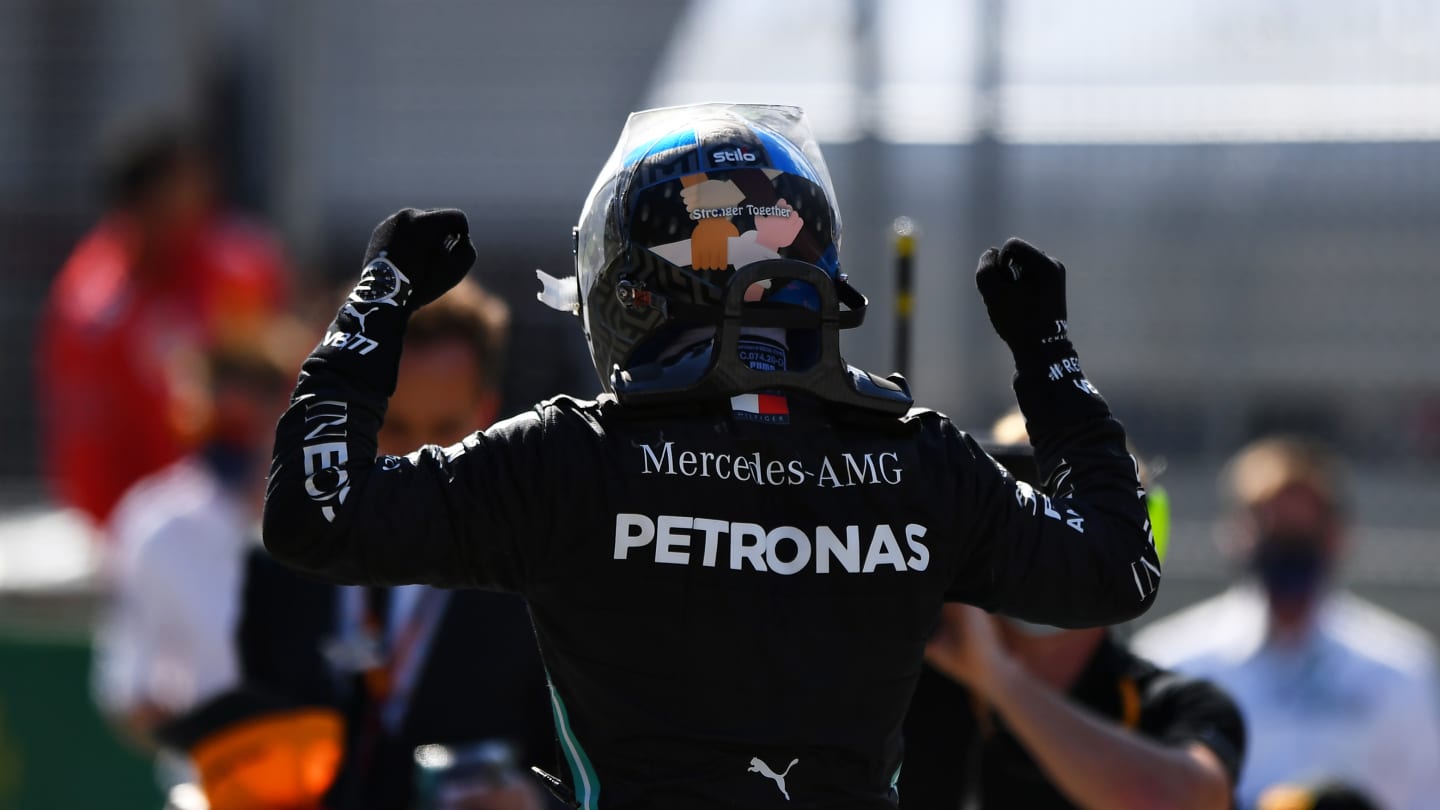 SPIELBERG, AUSTRIA - JULY 05: Race winner Valtteri Bottas of Finland and Mercedes GP celebrates in parc ferme during the Formula One Grand Prix of Austria at Red Bull Ring on July 05, 2020 in Spielberg, Austria. (Photo by Mario Renzi - Formula 1/Formula 1 via Getty Images)