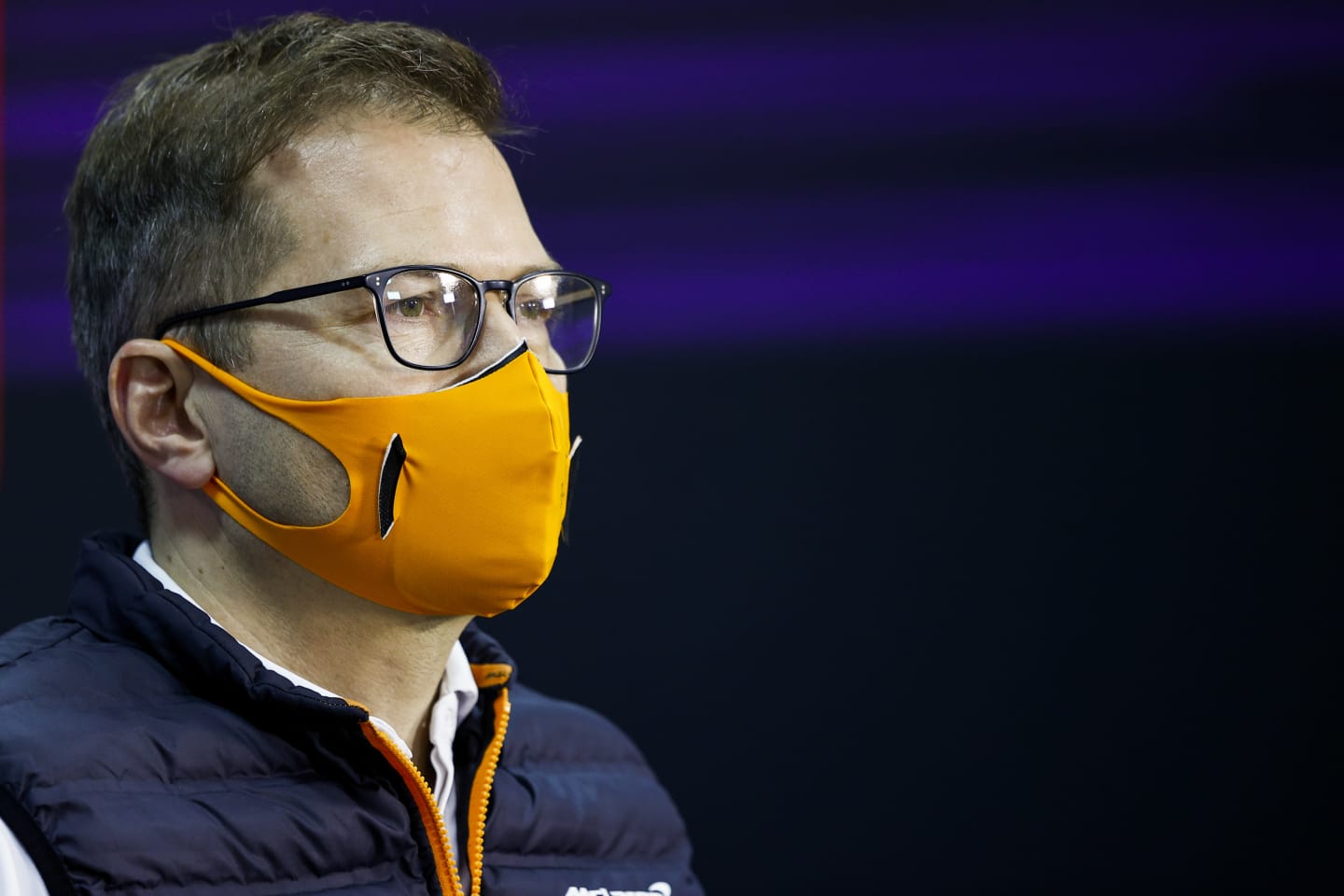 BAHRAIN, BAHRAIN - NOVEMBER 27: McLaren Team Principal Andreas Seidl talks in the Team Principals Press Conference during practice ahead of the F1 Grand Prix of Bahrain at Bahrain International Circuit on November 27, 2020 in Bahrain, Bahrain. (Photo by Andy Hone - Pool/Getty Images)