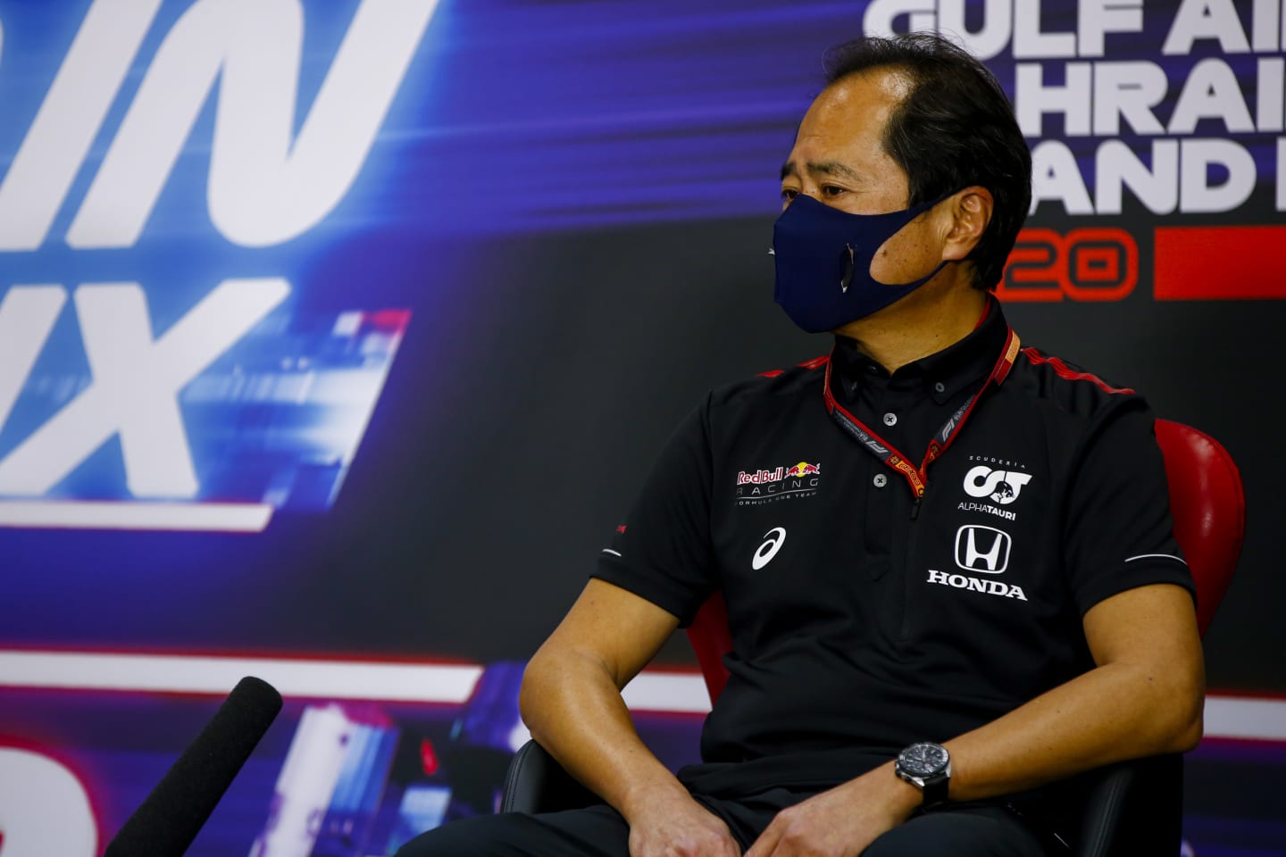 BAHRAIN, BAHRAIN - NOVEMBER 27: Toyoharu Tanabe of Honda talks in the Team Principals Press Conference during practice ahead of the F1 Grand Prix of Bahrain at Bahrain International Circuit on November 27, 2020 in Bahrain, Bahrain. (Photo by Andy Hone - Pool/Getty Images)