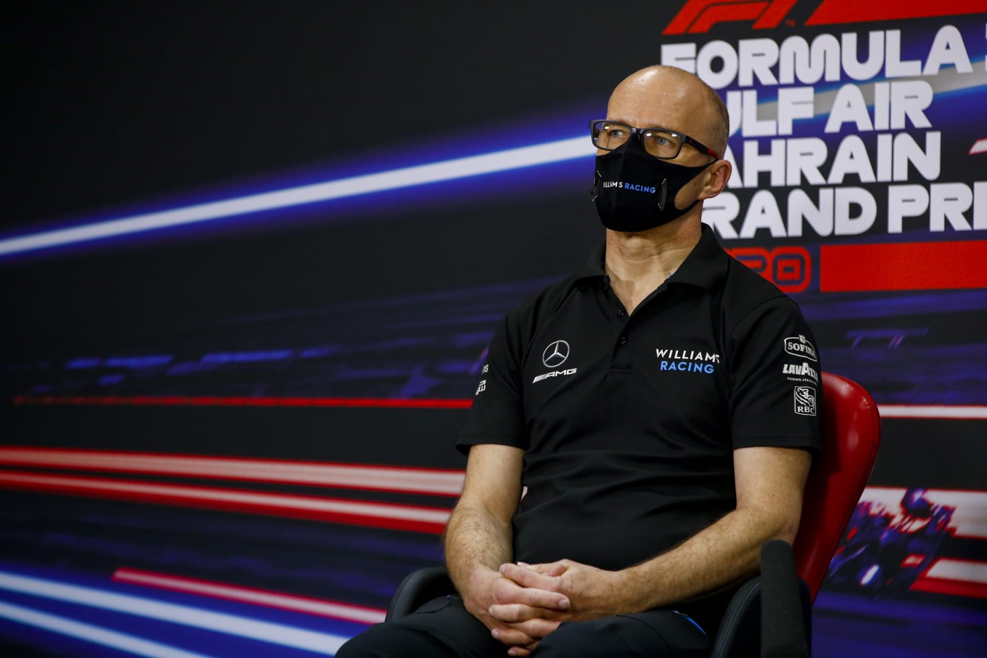 BAHRAIN, BAHRAIN - NOVEMBER 27: Williams Acting Team Principal Simon Roberts talks in the Team Principals Press Conference during practice ahead of the F1 Grand Prix of Bahrain at Bahrain International Circuit on November 27, 2020 in Bahrain, Bahrain. (Photo by Andy Hone - Pool/Getty Images)
