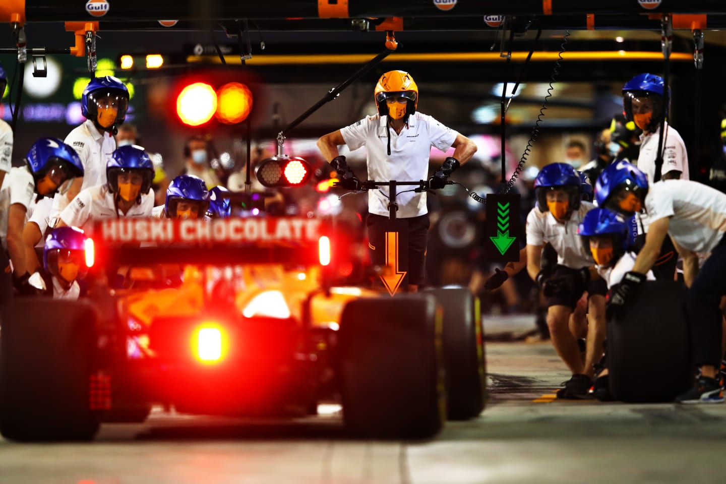 BAHRAIN, BAHRAIN - NOVEMBER 27: Carlos Sainz of Spain driving the (55) McLaren F1 Team MCL35 Renault stops in the Pitlane during practice ahead of the F1 Grand Prix of Bahrain at Bahrain International Circuit on November 27, 2020 in Bahrain, Bahrain. (Photo by Mark Thompson/Getty Images)