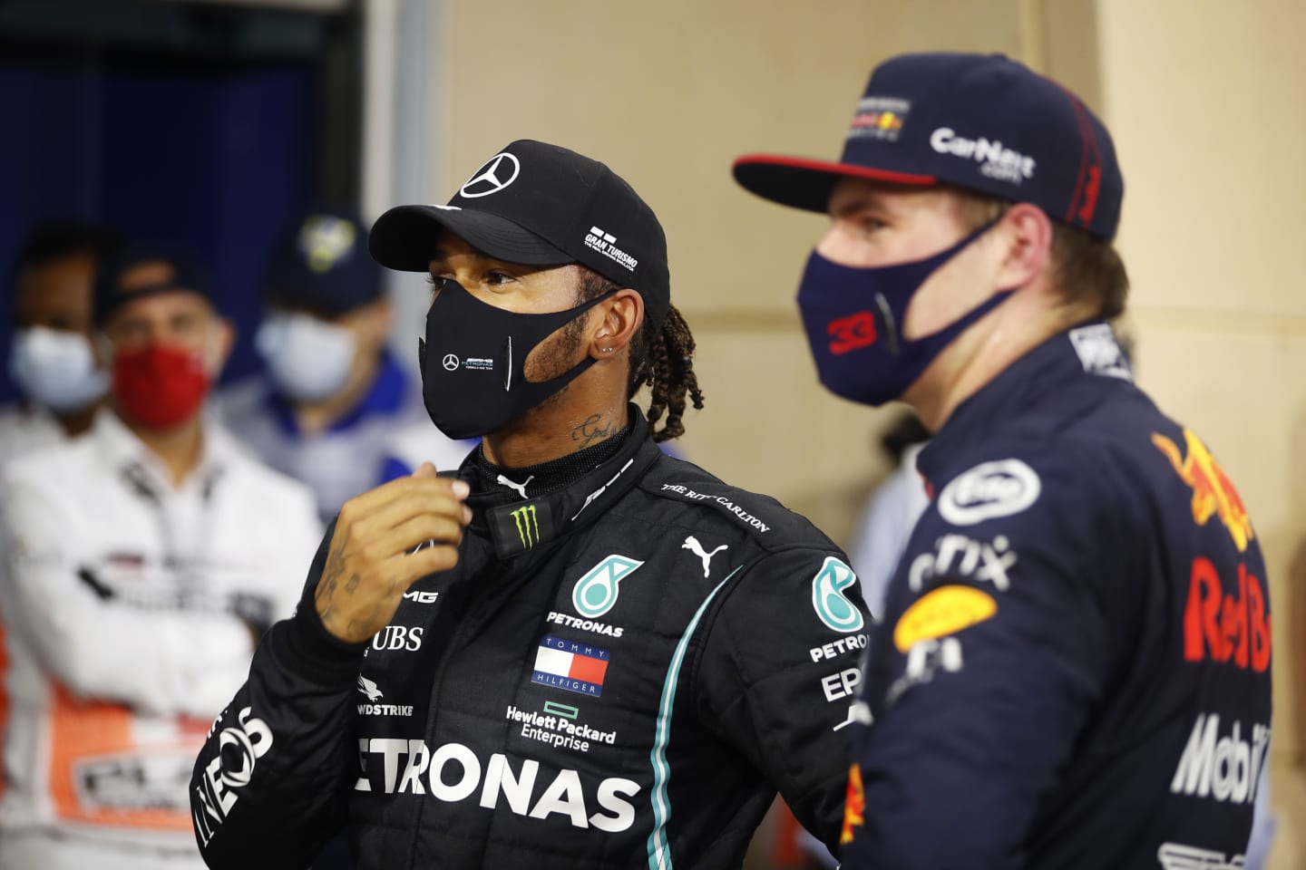 BAHRAIN, BAHRAIN - NOVEMBER 28: Pole position qualifier Lewis Hamilton of Great Britain and