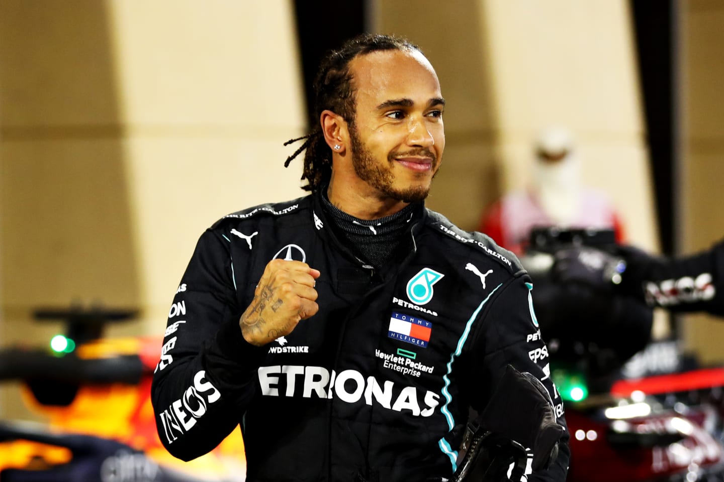 BAHRAIN, BAHRAIN - NOVEMBER 29: Race winner Lewis Hamilton of Great Britain and Mercedes GP