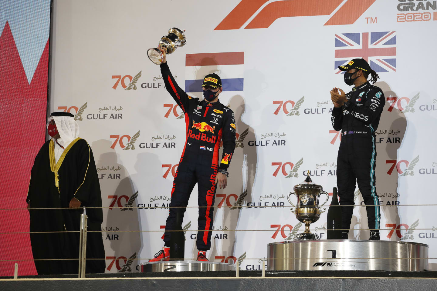 BAHRAIN, BAHRAIN - NOVEMBER 29: Second placed Max Verstappen of Netherlands and Red Bull Racing celebrates on the podium during the F1 Grand Prix of Bahrain at Bahrain International Circuit on November 29, 2020 in Bahrain, Bahrain. (Photo by Hamad Mohammed - Pool/Getty Images)