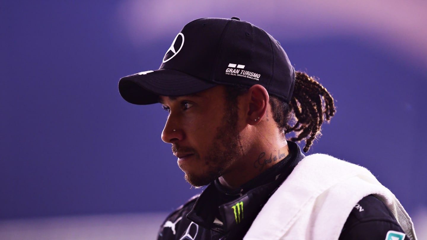 BAHRAIN, BAHRAIN - NOVEMBER 29: Race winner Lewis Hamilton of Great Britain and Mercedes GP looks