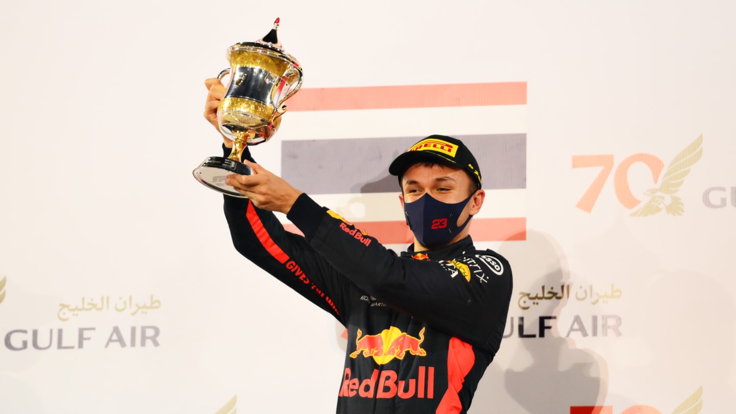BAHRAIN, BAHRAIN - NOVEMBER 29: Third placed Alexander Albon of Thailand and Red Bull Racing