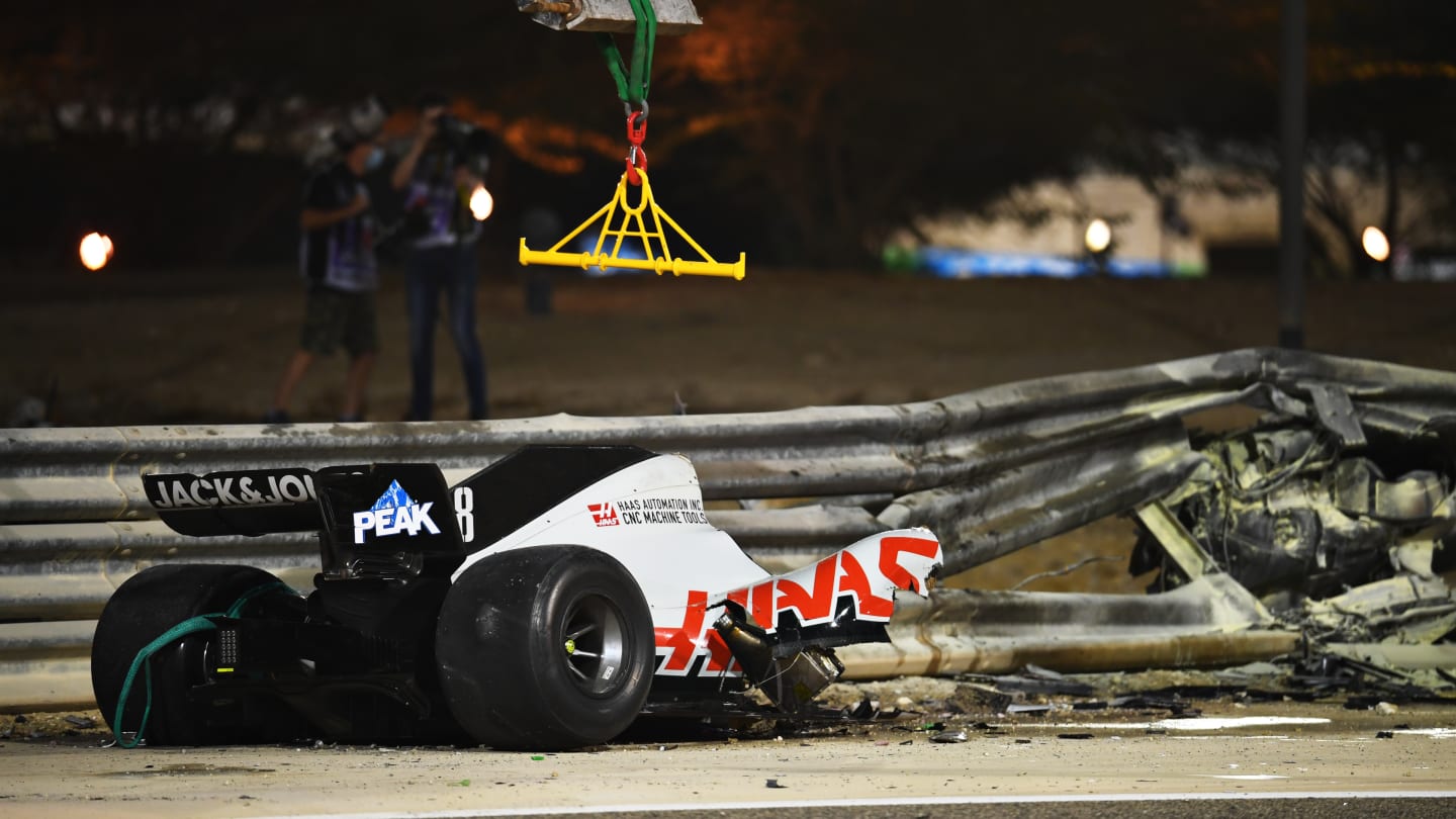 BAHRAIN, BAHRAIN - NOVEMBER 29: Debris following the crash of Romain Grosjean of France and Haas F1