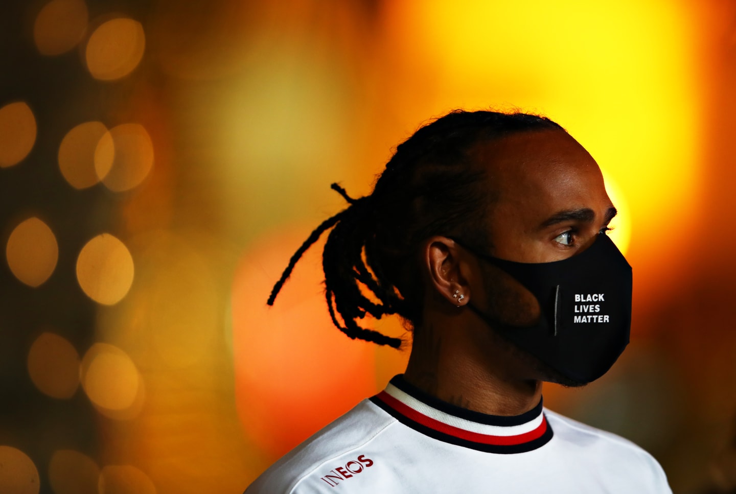 BAHRAIN, BAHRAIN - NOVEMBER 26: Lewis Hamilton of Great Britain and Mercedes GP talks to the media
