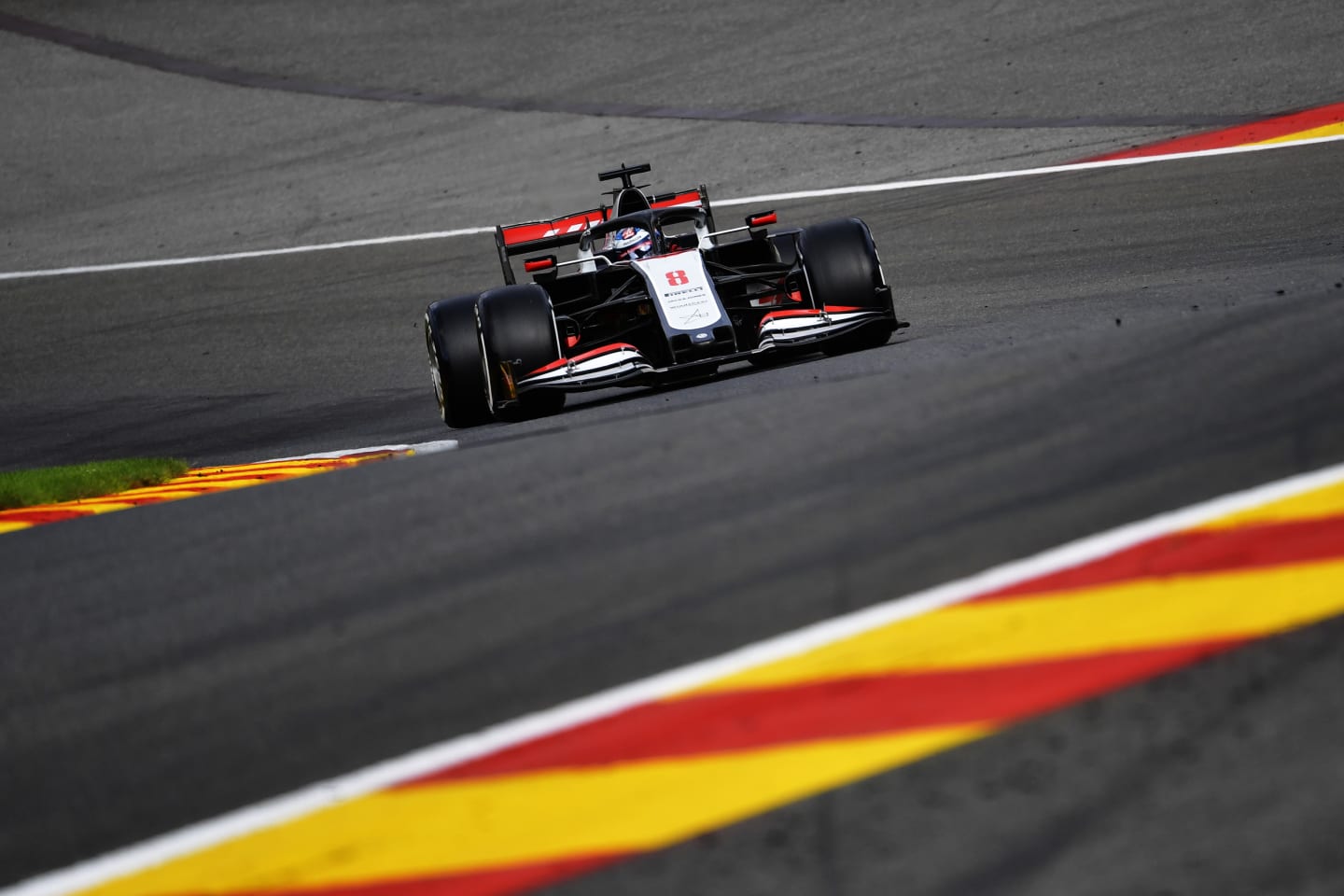 SPA, BELGIUM - AUGUST 28: Romain Grosjean of France driving the (8) Haas F1 Team VF-20 Ferrari on track during practice for the F1 Grand Prix of Belgium at Circuit de Spa-Francorchamps on August 28, 2020 in Spa, Belgium. (Photo by John Thuys/Pool via Getty Images)