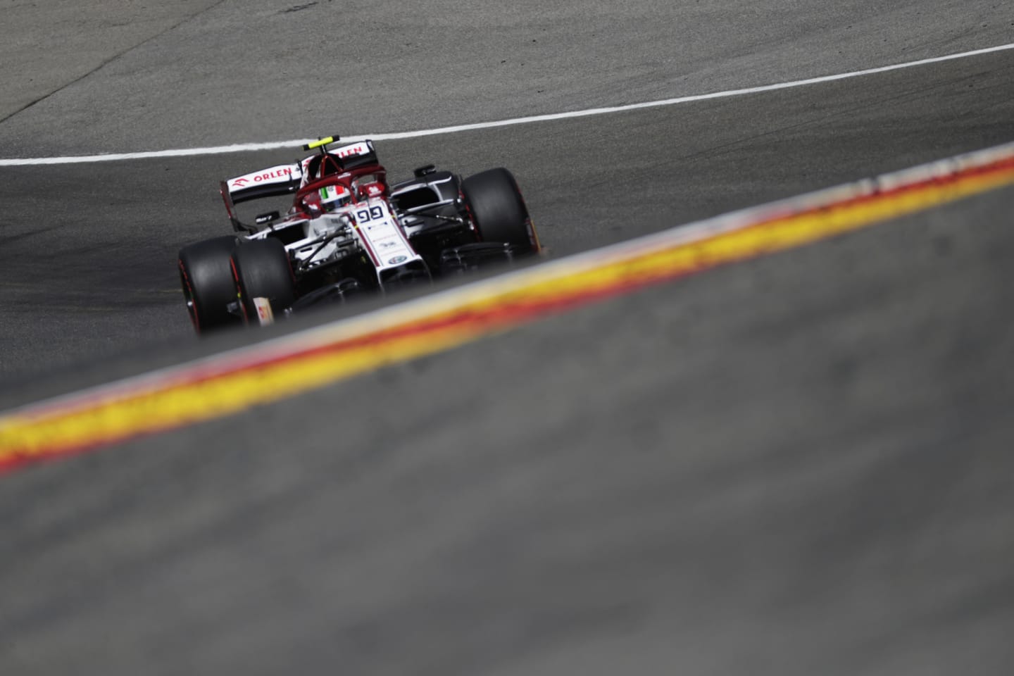 SPA, BELGIUM - AUGUST 29: Antonio Giovinazzi of Italy driving the (99) Alfa Romeo Racing C39 Ferrari drives during final practice for the F1 Grand Prix of Belgium at Circuit de Spa-Francorchamps on August 29, 2020 in Spa, Belgium. (Photo by Stephanie Lecocq/Pool via Getty Images)