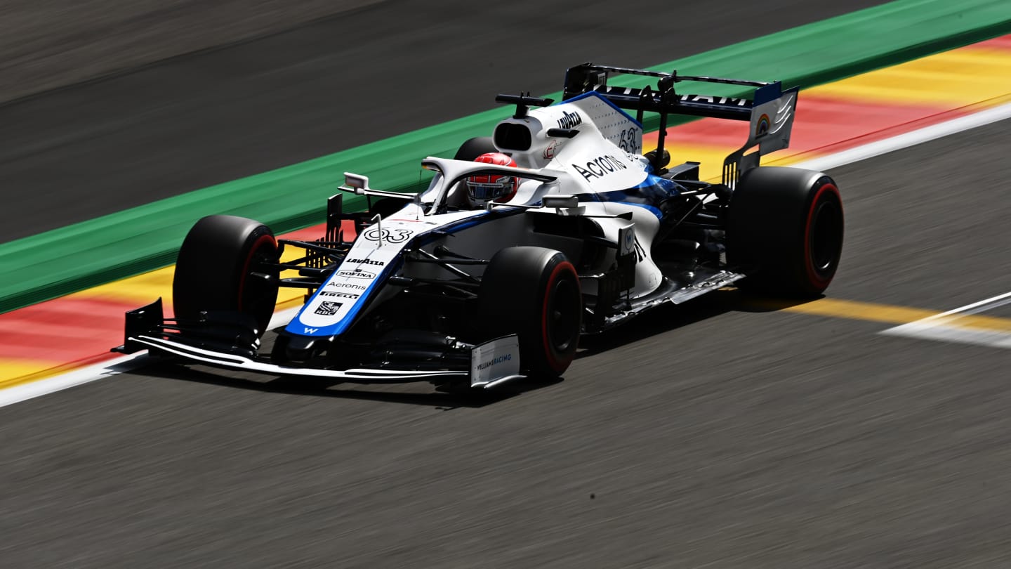 SPA, BELGIUM - AUGUST 29: George Russell of Great Britain driving the (63) Williams Racing FW43 Mercedes drives during final practice for the F1 Grand Prix of Belgium at Circuit de Spa-Francorchamps on August 29, 2020 in Spa, Belgium. (Photo by Clive Mason - Formula 1/Formula 1 via Getty Images)