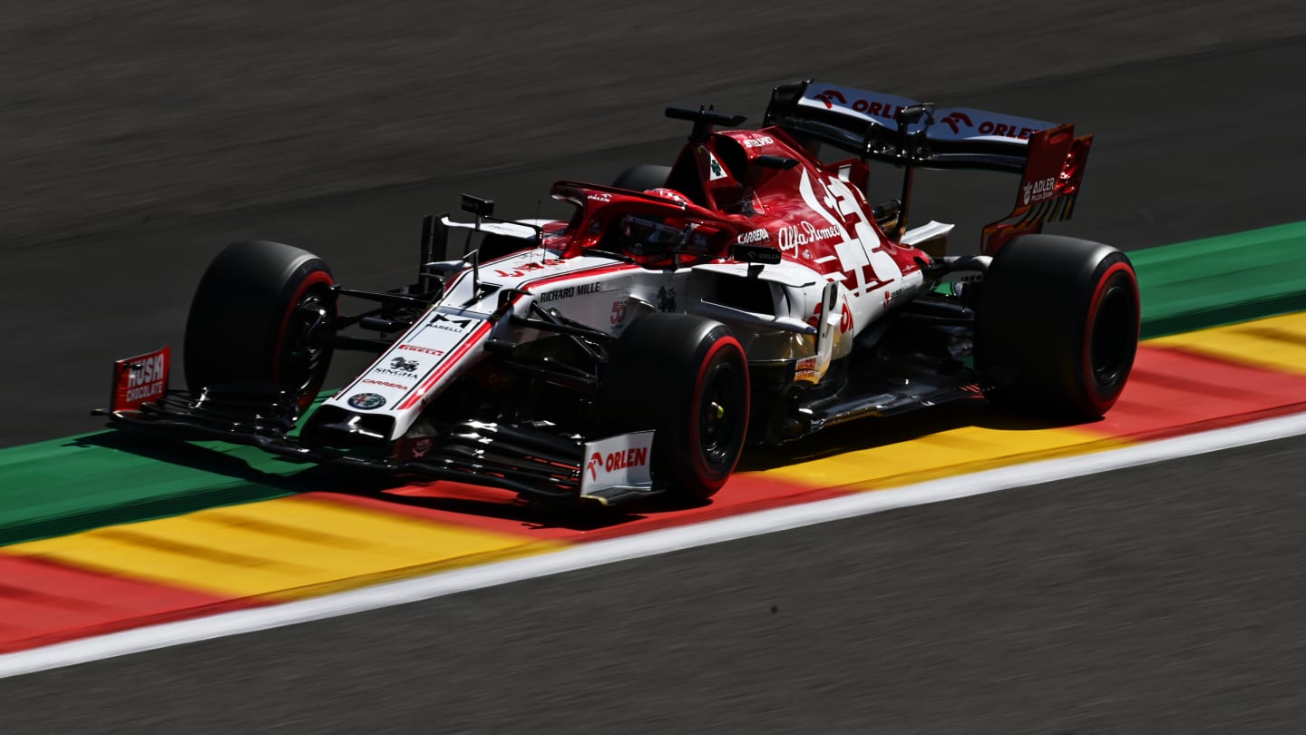 SPA, BELGIUM - AUGUST 29: Kimi Raikkonen of Finland driving the (7) Alfa Romeo Racing C39 Ferrari drives on track during final practice for the F1 Grand Prix of Belgium at Circuit de Spa-Francorchamps on August 29, 2020 in Spa, Belgium. (Photo by Clive Mason - Formula 1/Formula 1 via Getty Images)